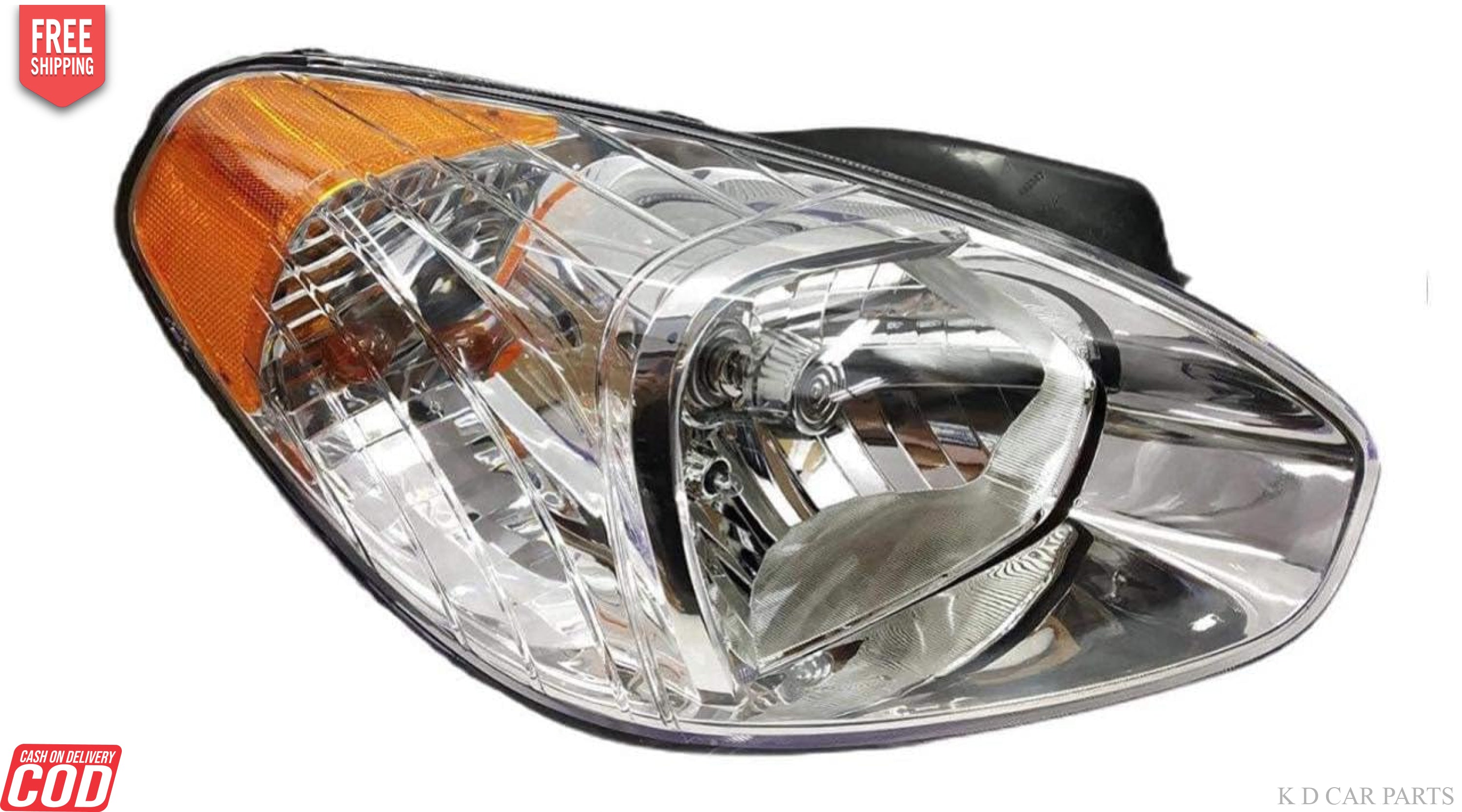 A single headlight assembly for Verna 2006-2009 with a clear lens and a wooden-colored section near the base.