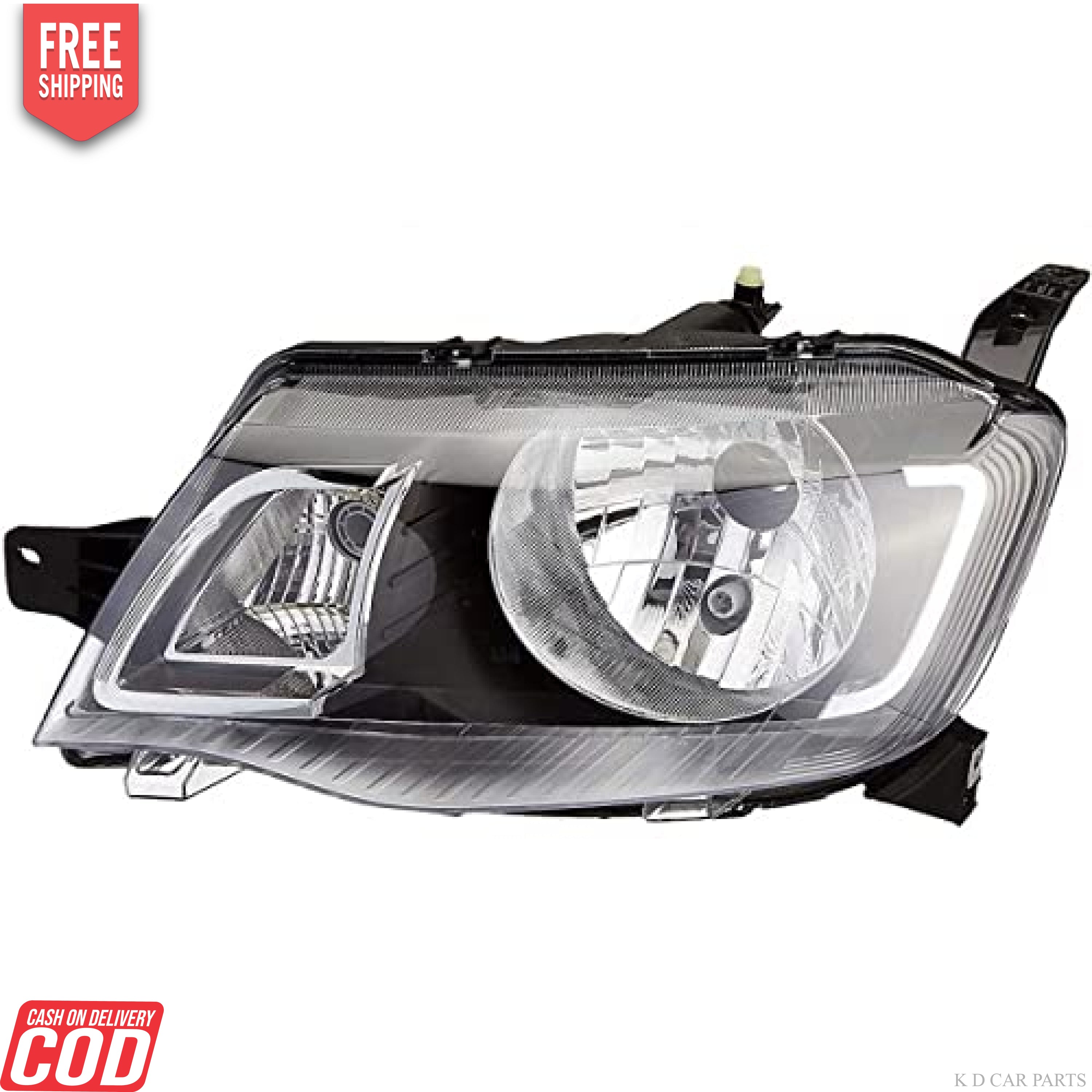 A K D brand headlight for KWID vehicle, featuring a clear lens with a black interior and a visible bulb.