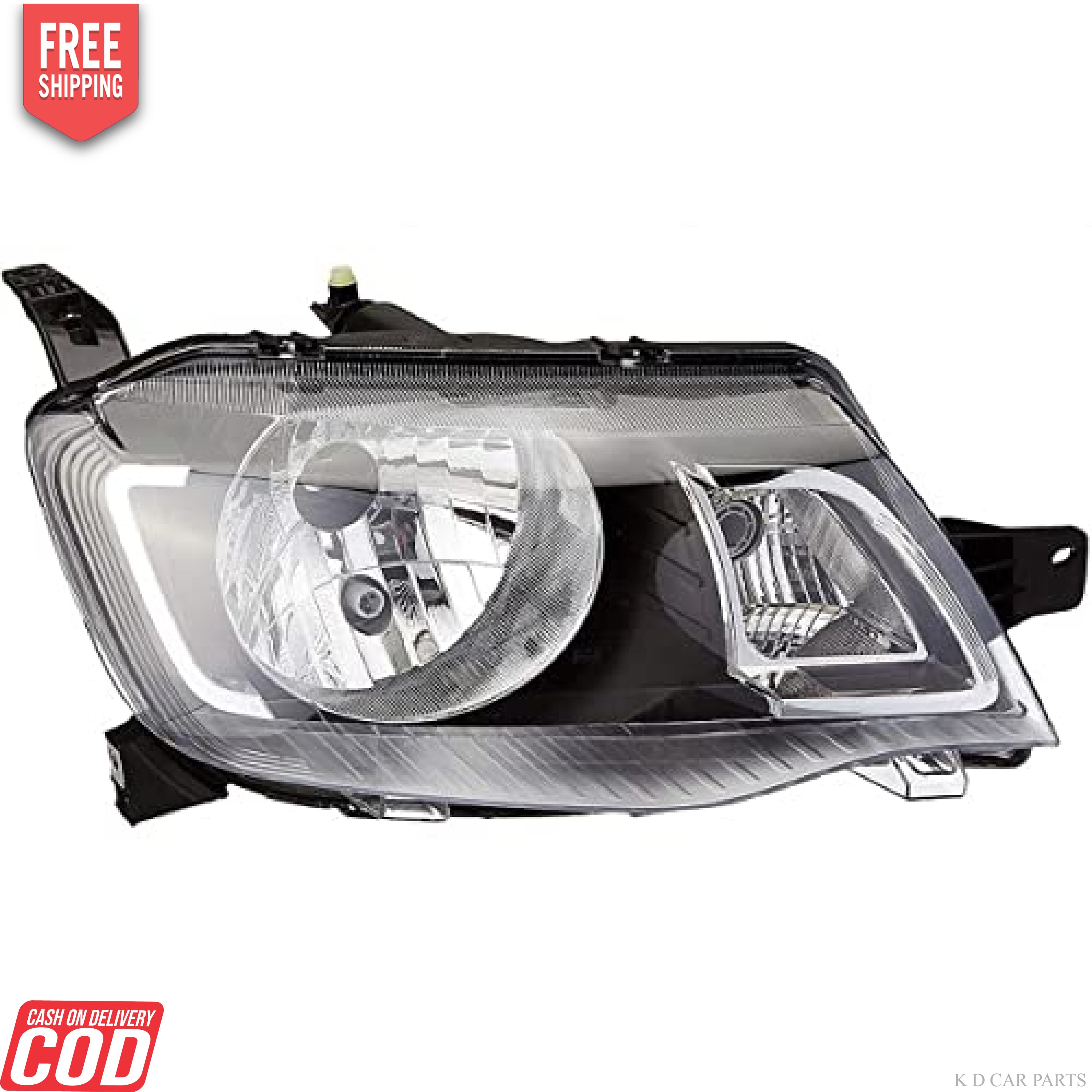 A K D brand headlight for KWID vehicle, featuring a clear lens with a black interior and a visible bulb.