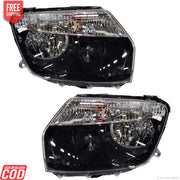 A pair of black headlight assemblies for Renault Duster 110 with clear lens and big bracket type 2.