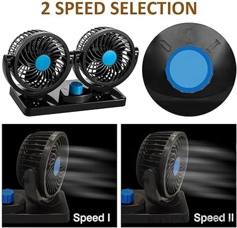 Black dual-rotor fan with blue accents on a white background