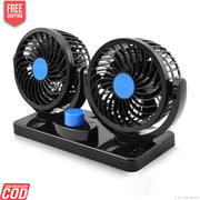Black dual-rotor fan with blue accents on a white background