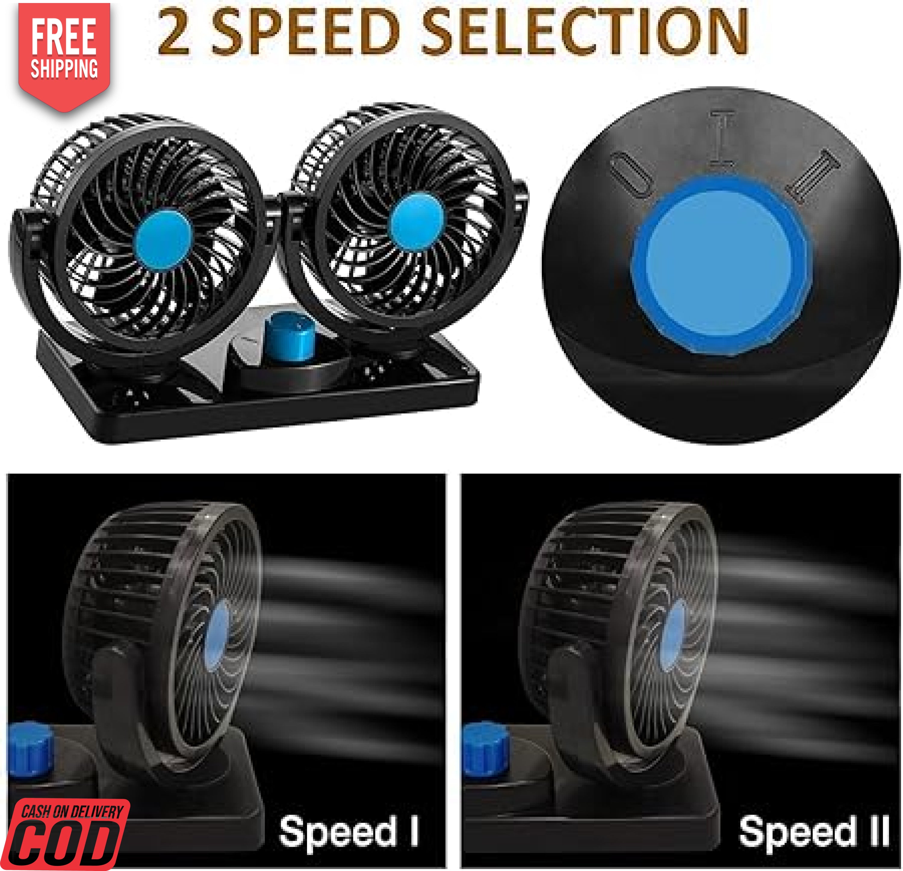 Black dual-rotor fan with blue accents on a white background