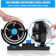 Portable fan with dual heads, 360-degree rotatability, and adjustable blowing range.