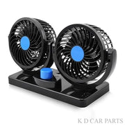 Black dual-rotor fan with blue accents on a white background