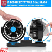 Portable fan with dual heads, 360-degree rotatability, and adjustable blowing range.
