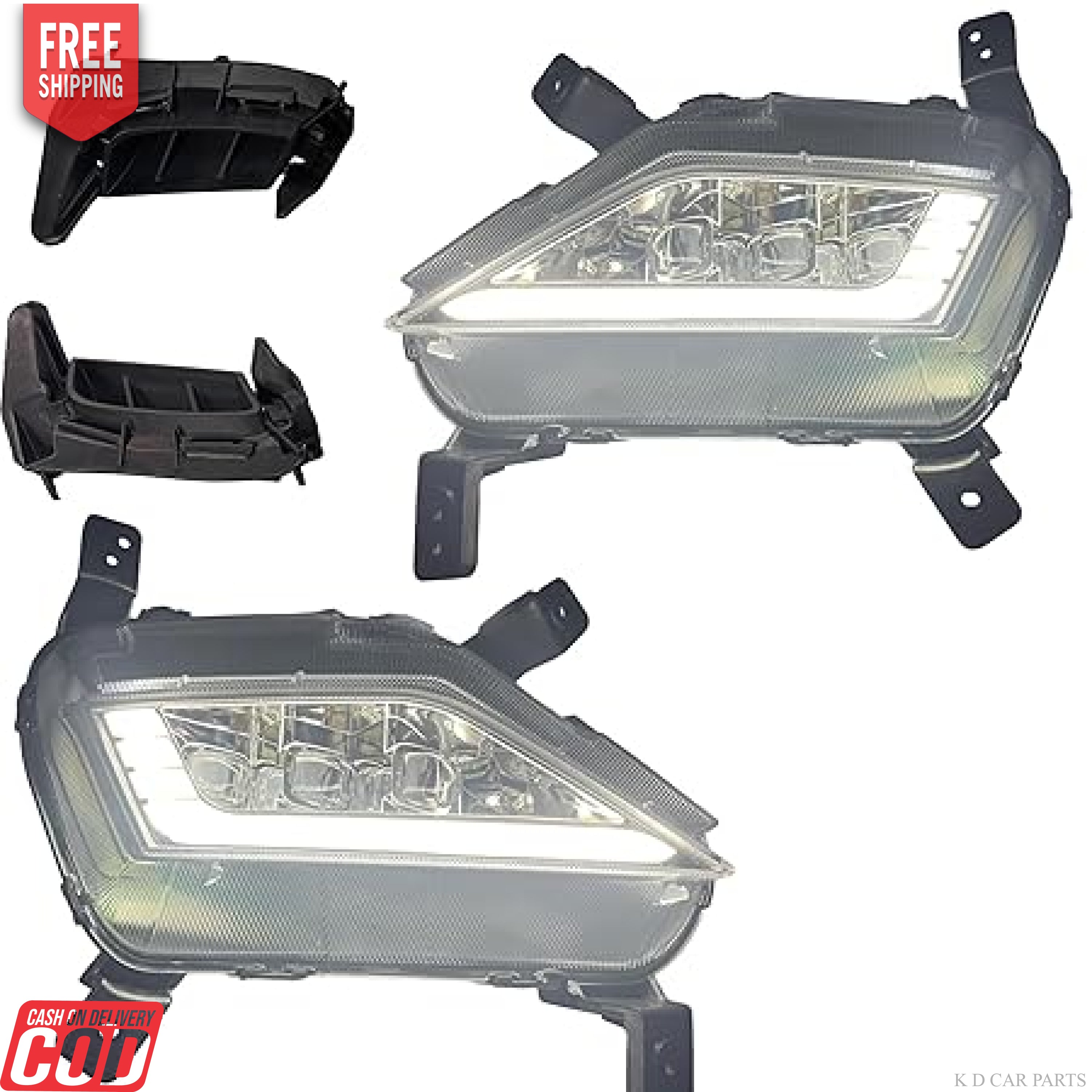 A pair of LED fog lamps for Hyundai Creta and Alcazar vehicles, showing both the right and left side installations with clear lenses and black housing.
