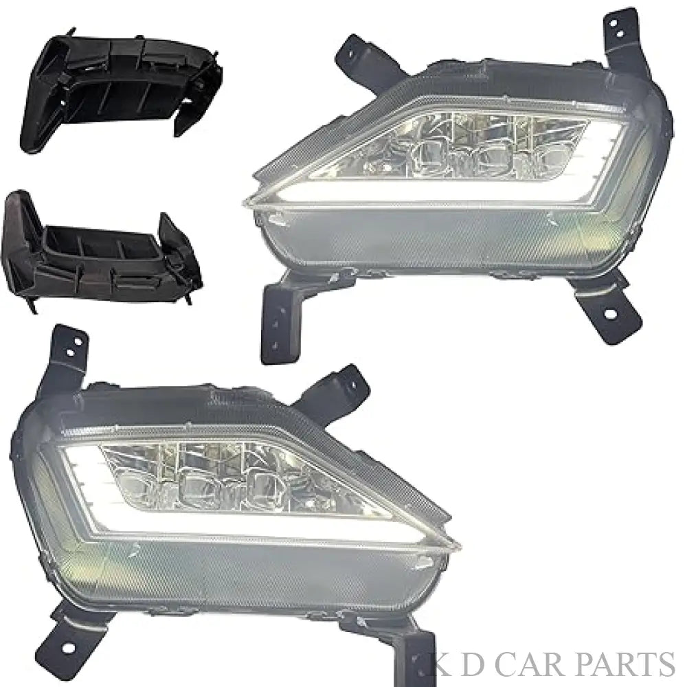 A pair of LED fog lamps for Hyundai Creta and Alcazar vehicles, showing both the right and left side installations with clear lenses and black housing.