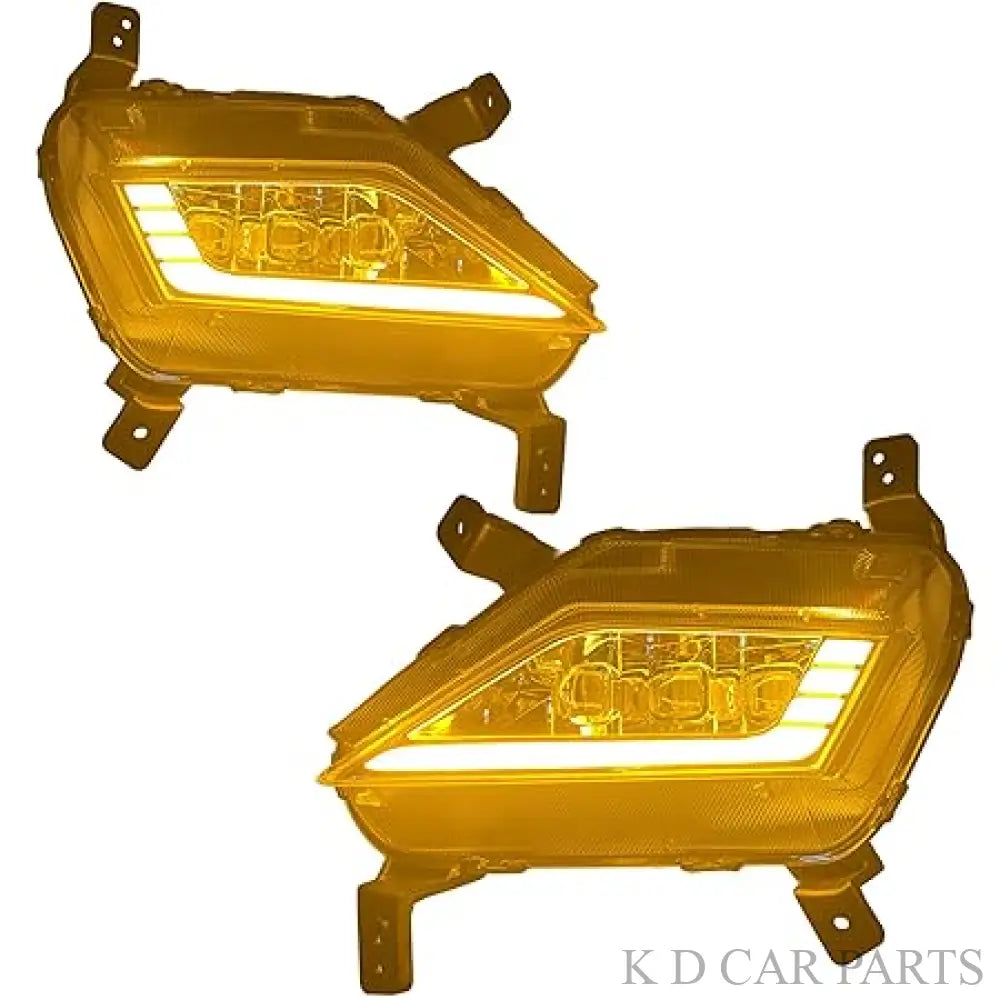 A pair of LED fog lamps for Hyundai Creta and Alcazar vehicles, showing both the right and left side installations with clear lenses and black housing.