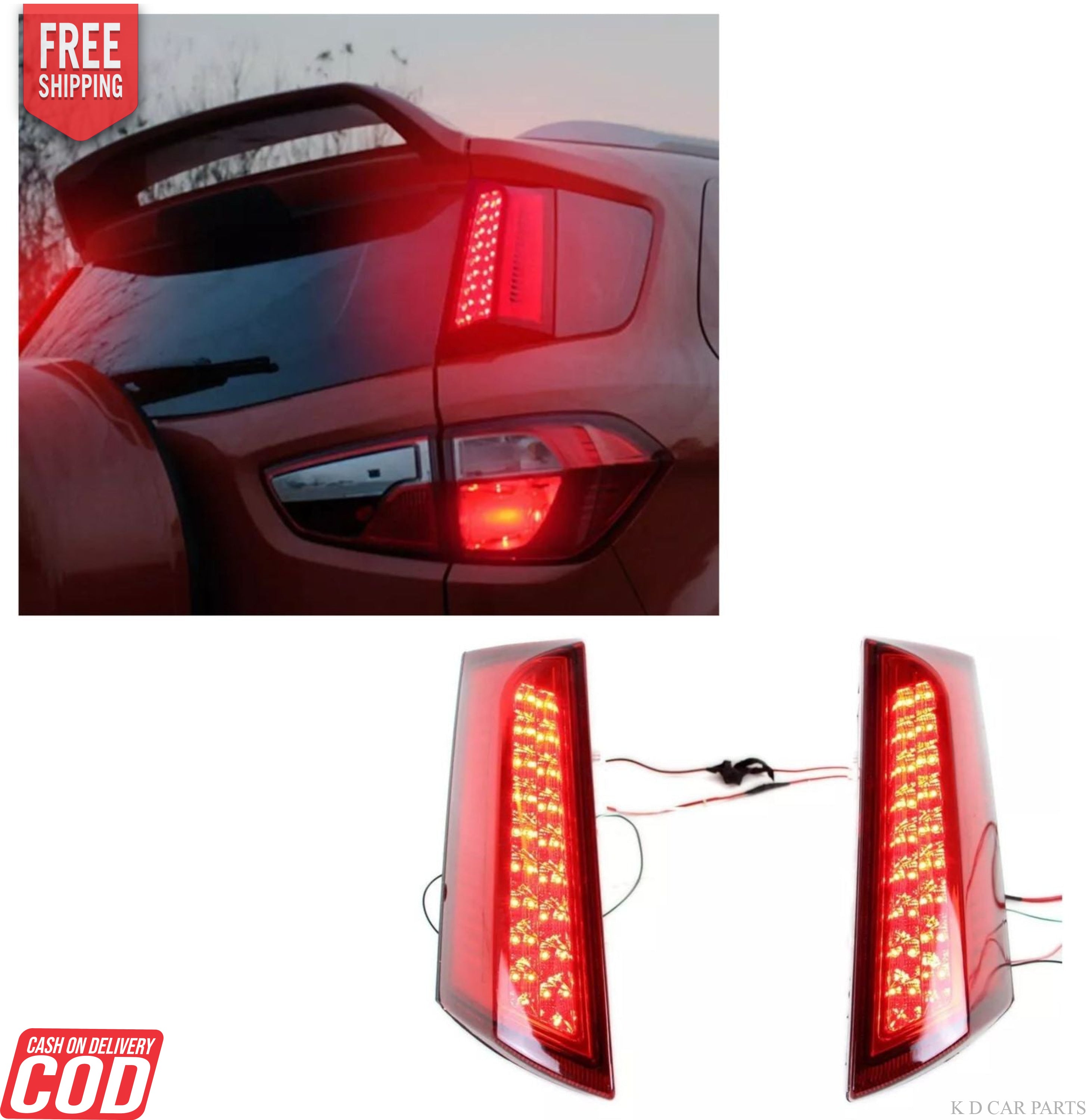 The image shows a pair of LED pillar lights for a Ford Ecosport, with one light displayed in a vertical orientation and the other installed on a vehicle, providing illumination in red color.