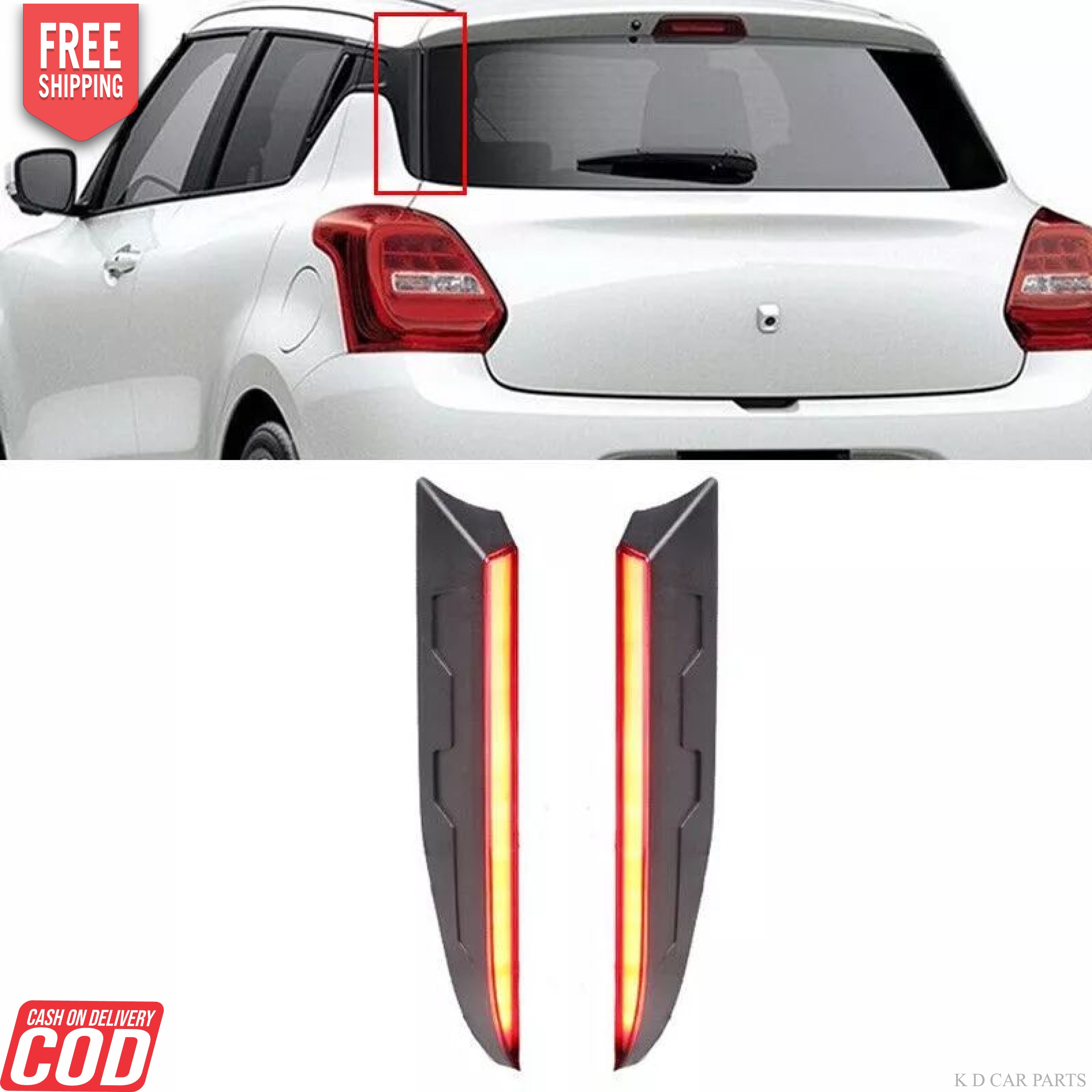 LED D-pillar lights for Maruti Suzuki Swift shown in red, intended for both sides of the vehicle.