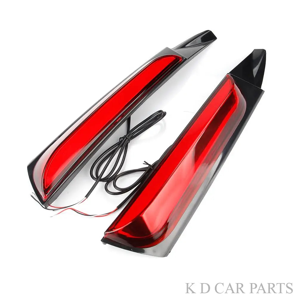 Pair of red LED pillar lights designed for Toyota Fortuner, showing both left and right light units with an illuminated effect on a dark background, and a visual of the lights installed on a vehicle.