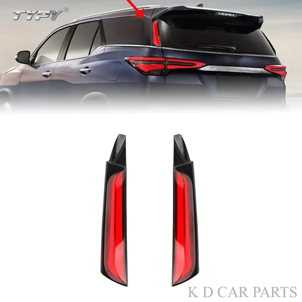 Pair of red LED pillar lights designed for Toyota Fortuner, showing both left and right light units with an illuminated effect on a dark background, and a visual of the lights installed on a vehicle.