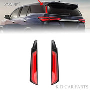 Pair of red LED pillar lights designed for Toyota Fortuner, showing both left and right light units with an illuminated effect on a dark background, and a visual of the lights installed on a vehicle.