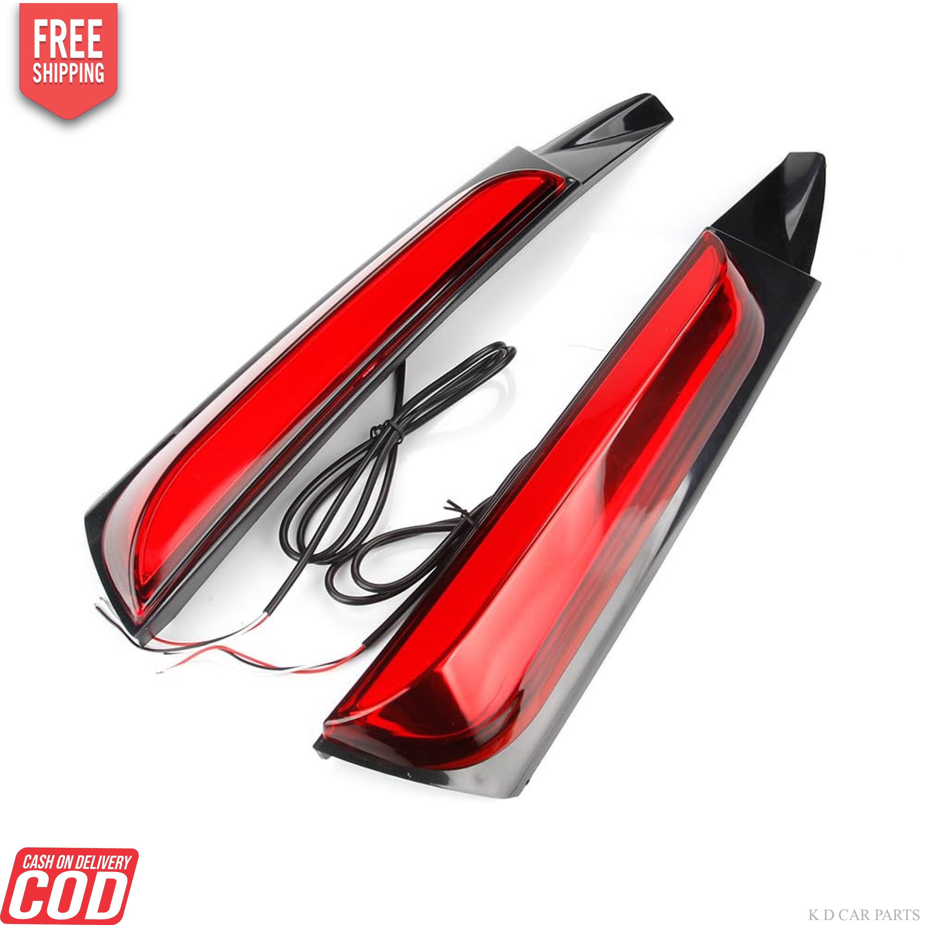 Pair of red LED pillar lights designed for Toyota Fortuner, showing both left and right light units with an illuminated effect on a dark background, and a visual of the lights installed on a vehicle.