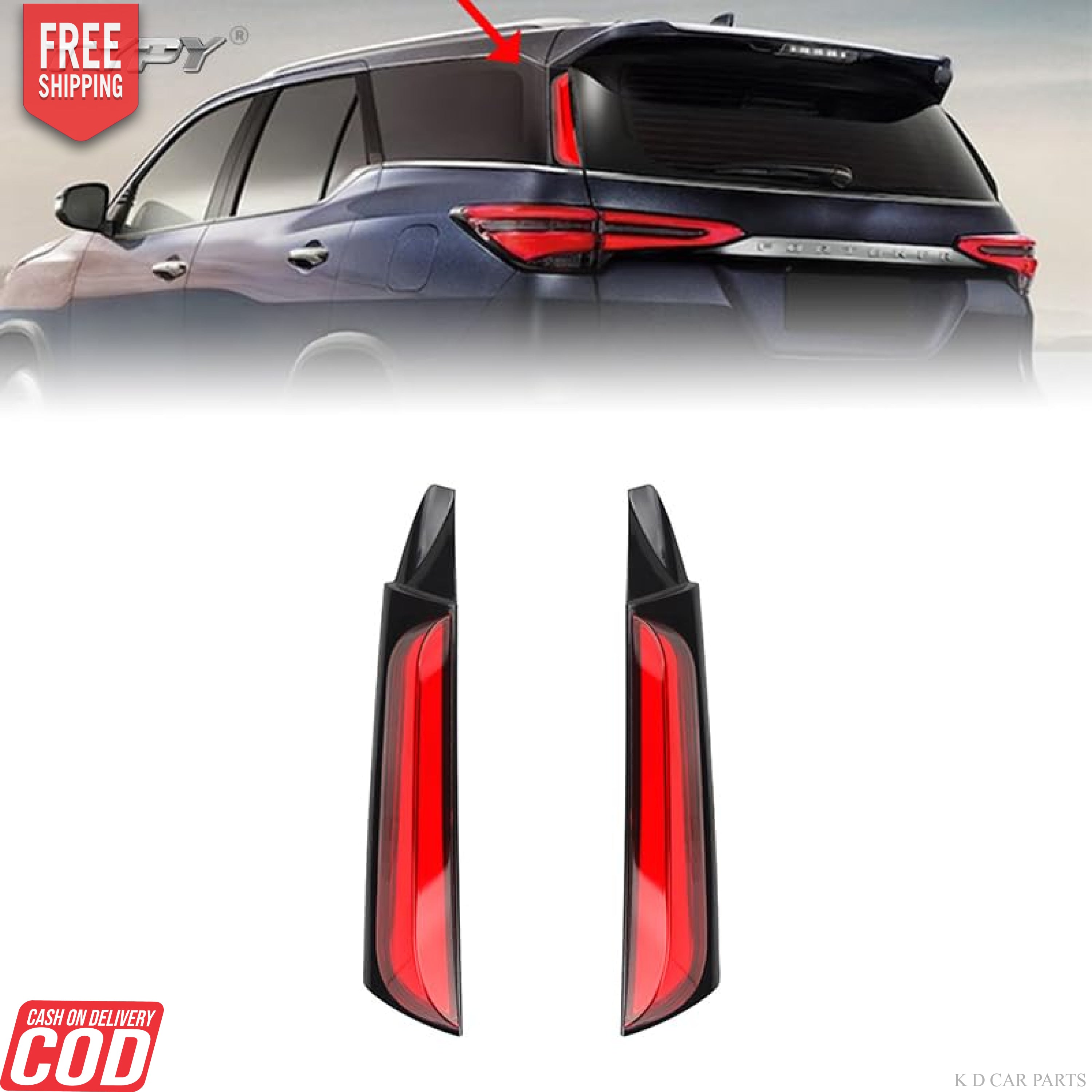 Pair of red LED pillar lights designed for Toyota Fortuner, showing both left and right light units with an illuminated effect on a dark background, and a visual of the lights installed on a vehicle.