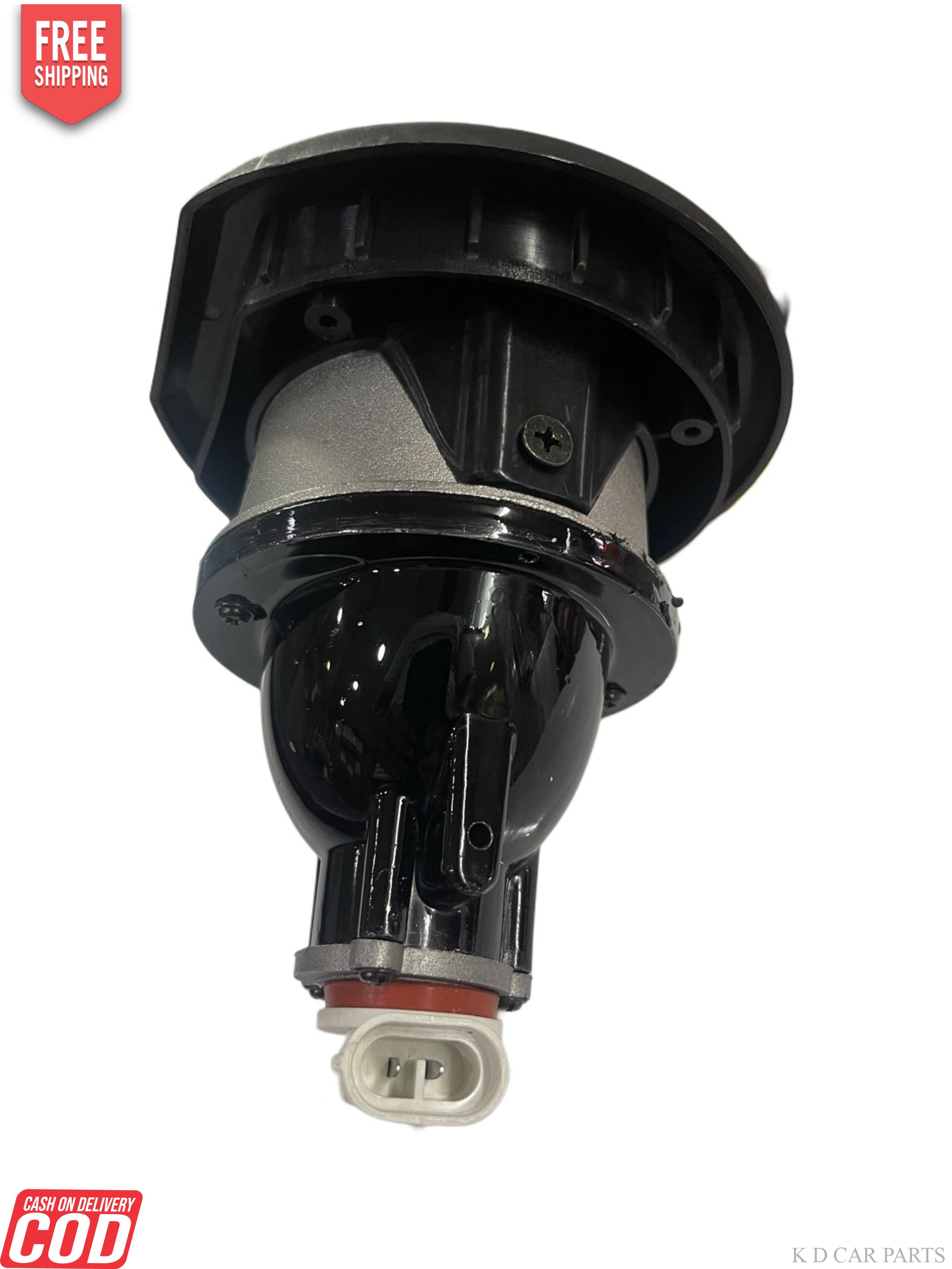 Two black round lights with chrome centers on a white background