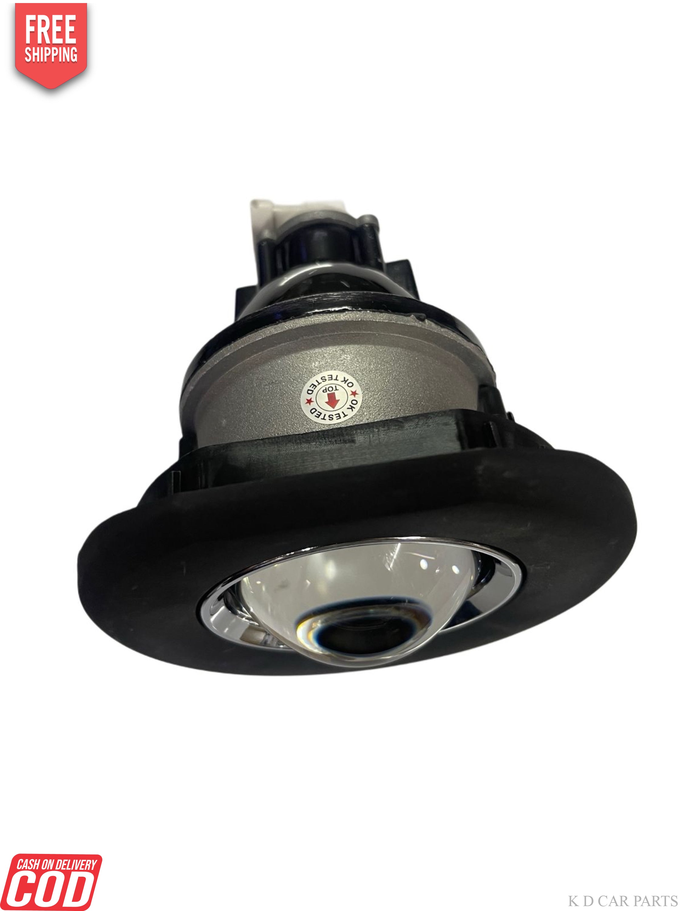 Two black round lights with chrome centers on a white background