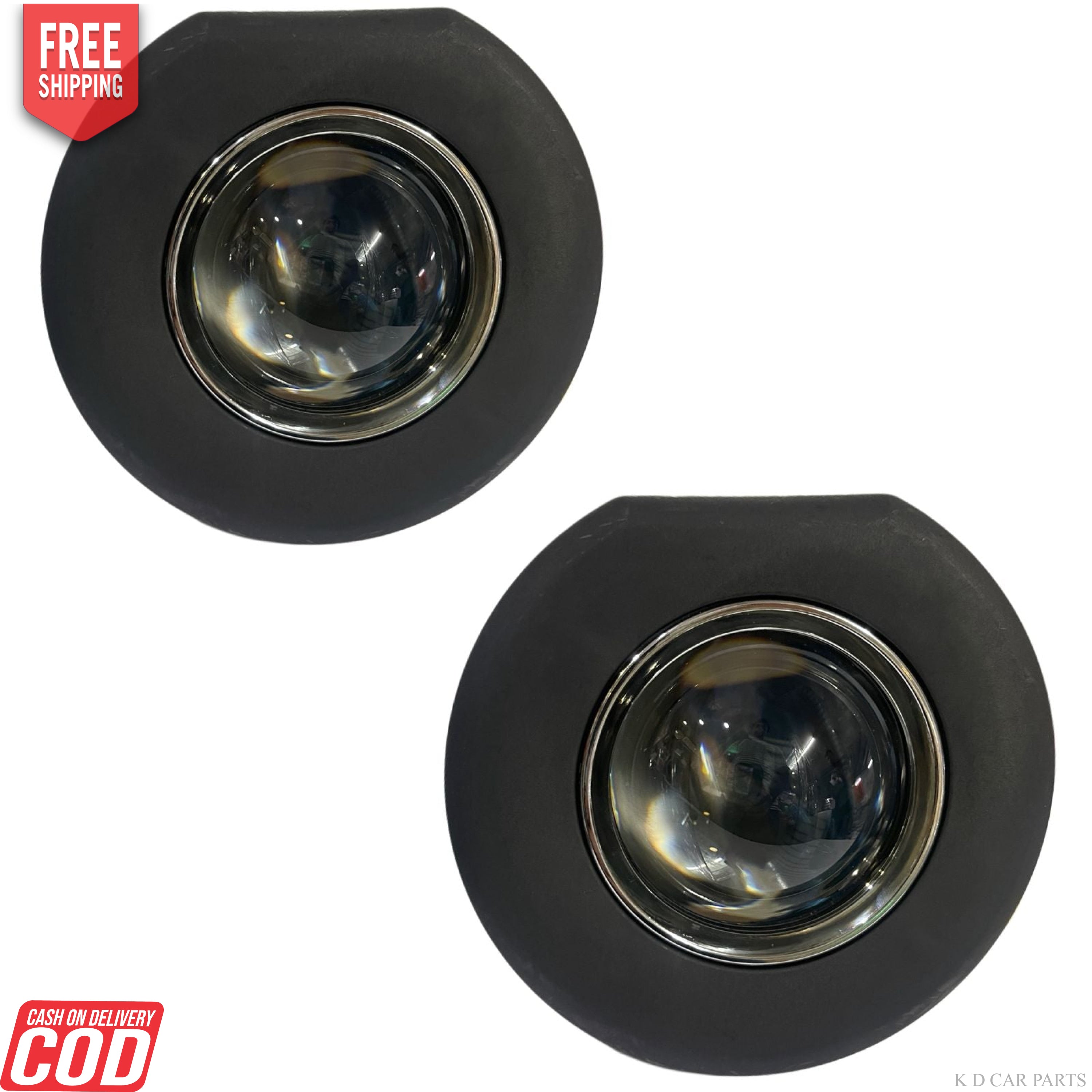 Two black round lights with chrome centers on a white background