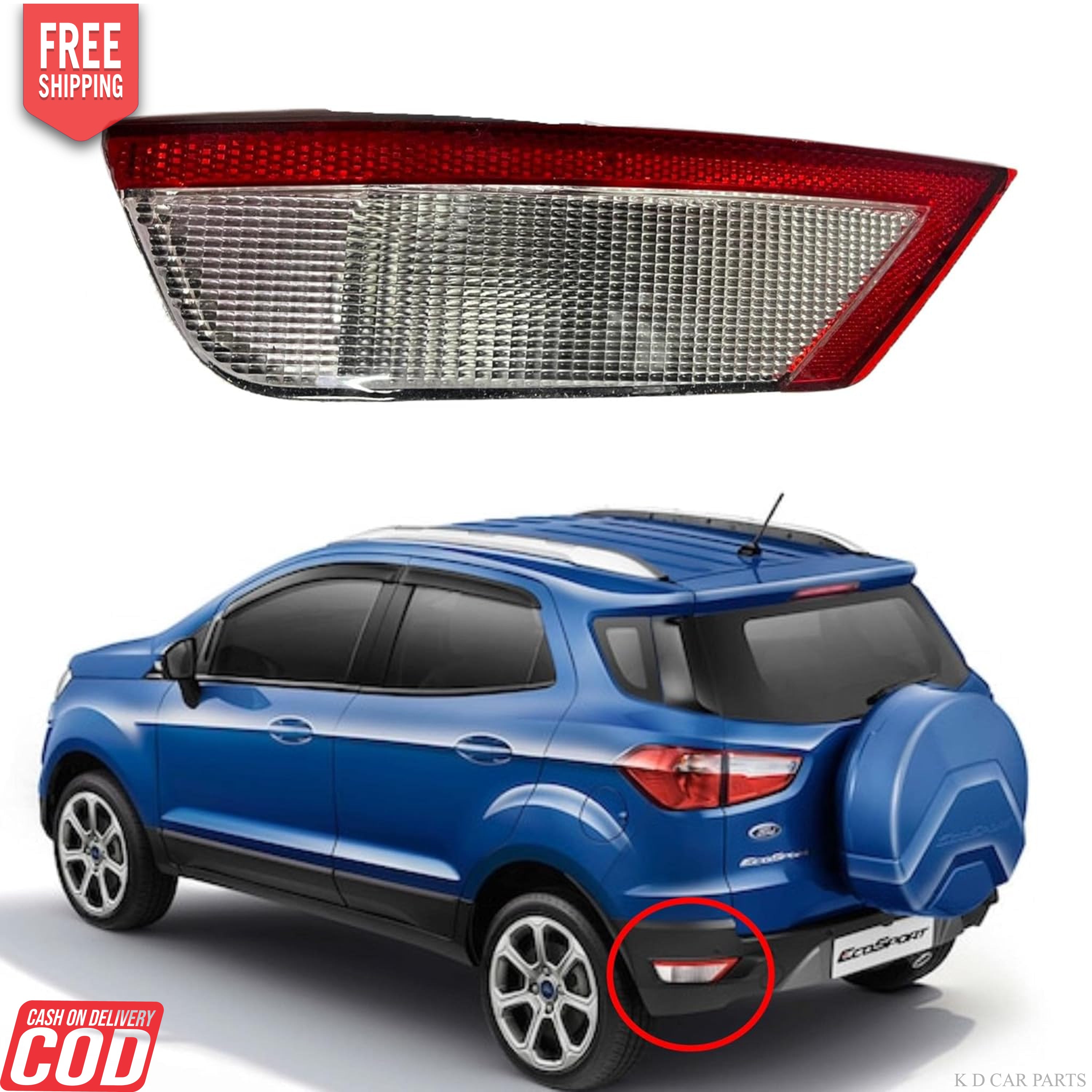 Rear bumper light assembly for Ford Ecosport, featuring a halogen light source, displayed alongside an image of the car part in context with a blue car.