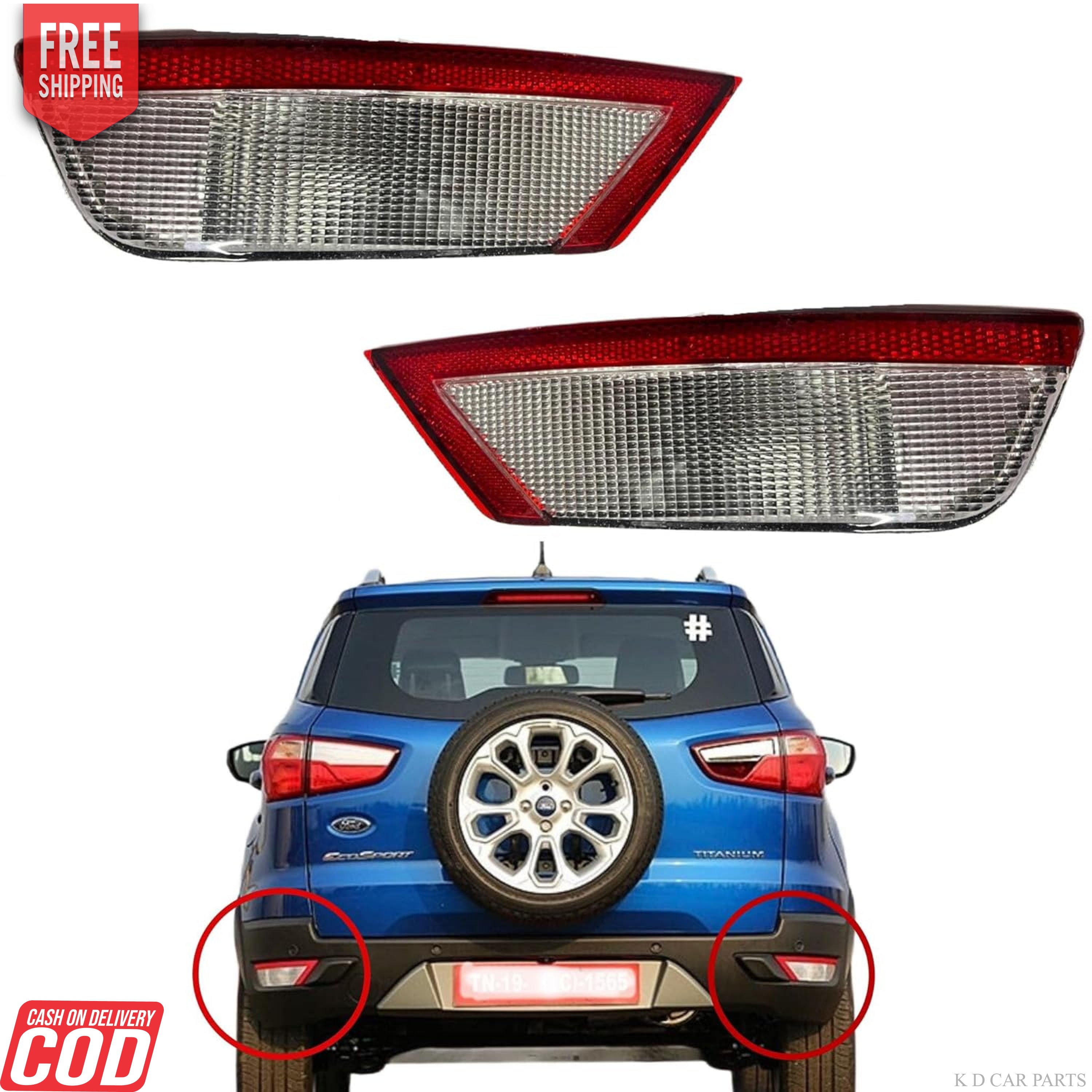 Rear bumper light assembly for Ford Ecosport, featuring a halogen light source, displayed alongside an image of the car part in context with a blue car.