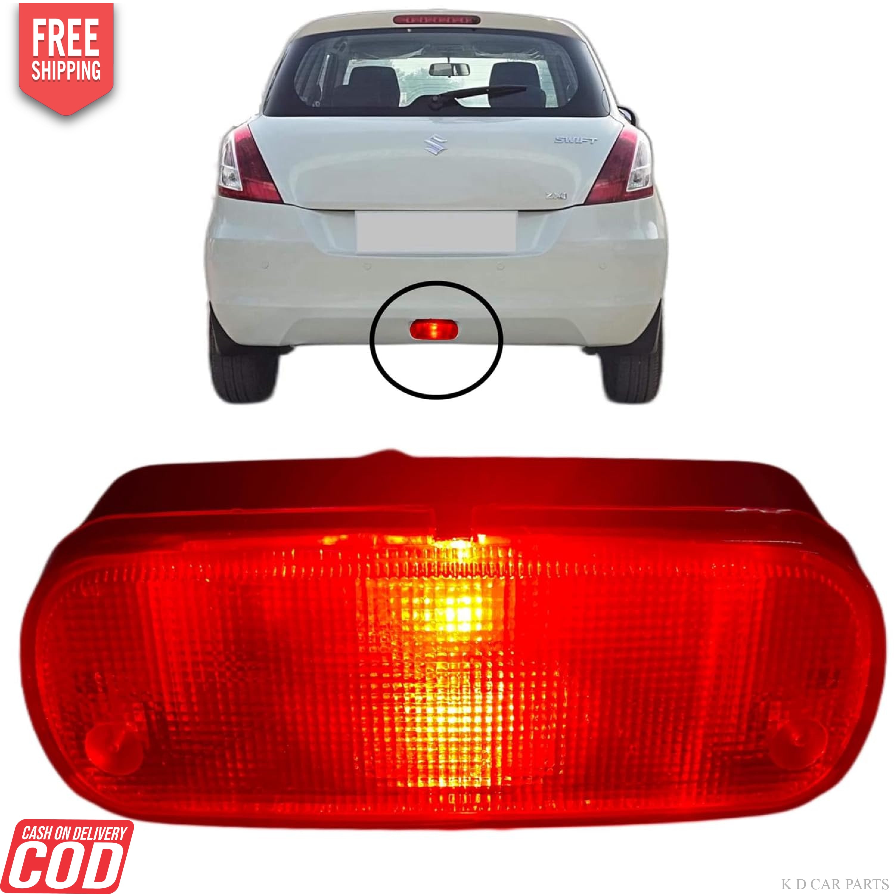 Rear bumper light for Maruti Swift, showing the location on the car and the product itself