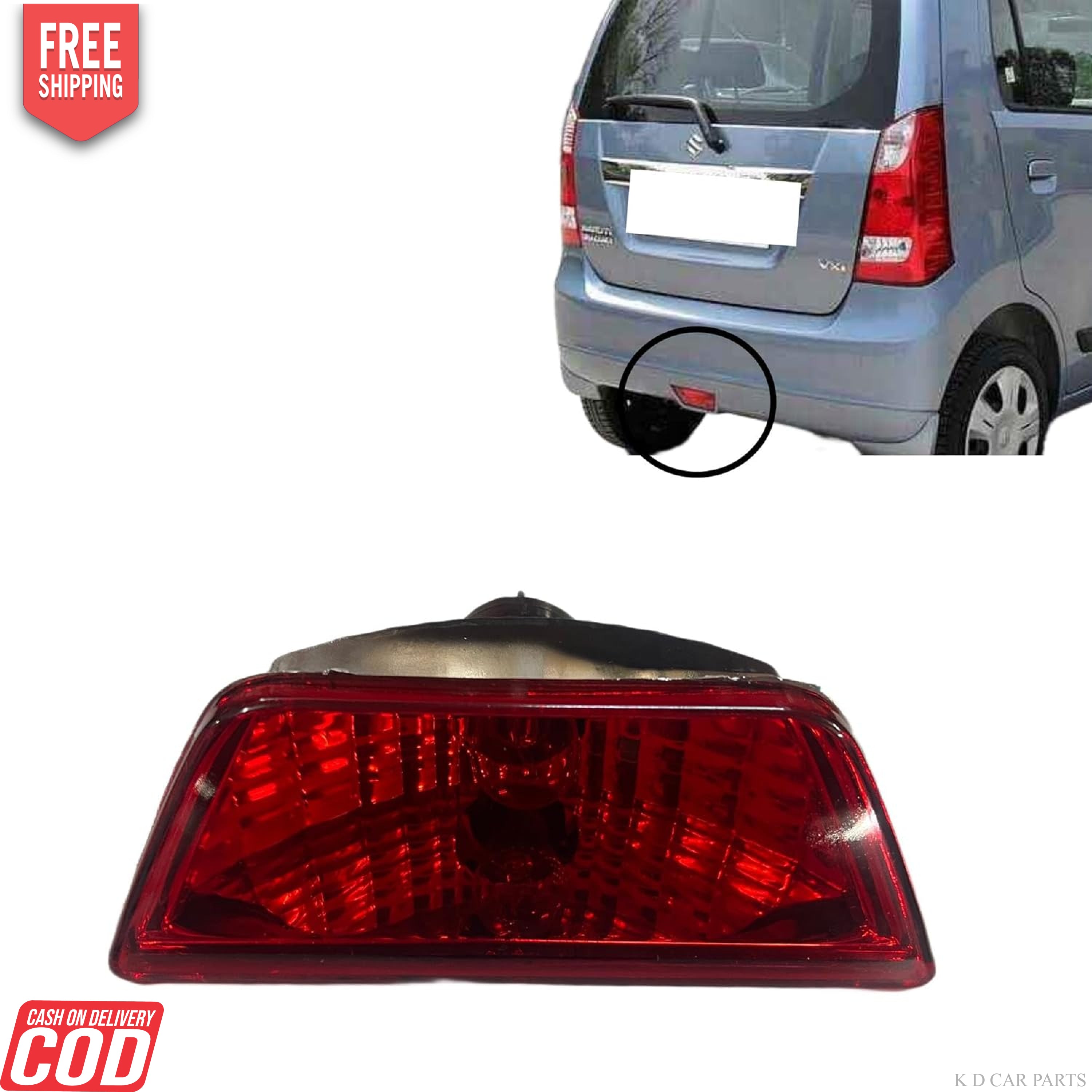 A red rear bumper light for a Maruti Wagonr (2006-2010) model, showing the light and the back of a vehicle with a visible license plate.
