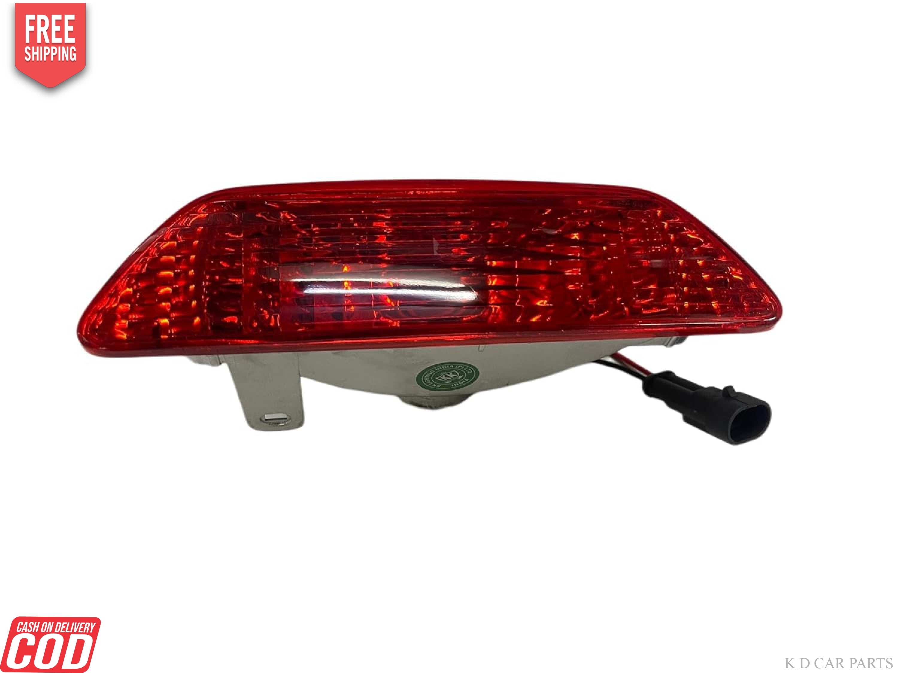 Red rear bumper light for vehicles, with a glass lens and black connector.