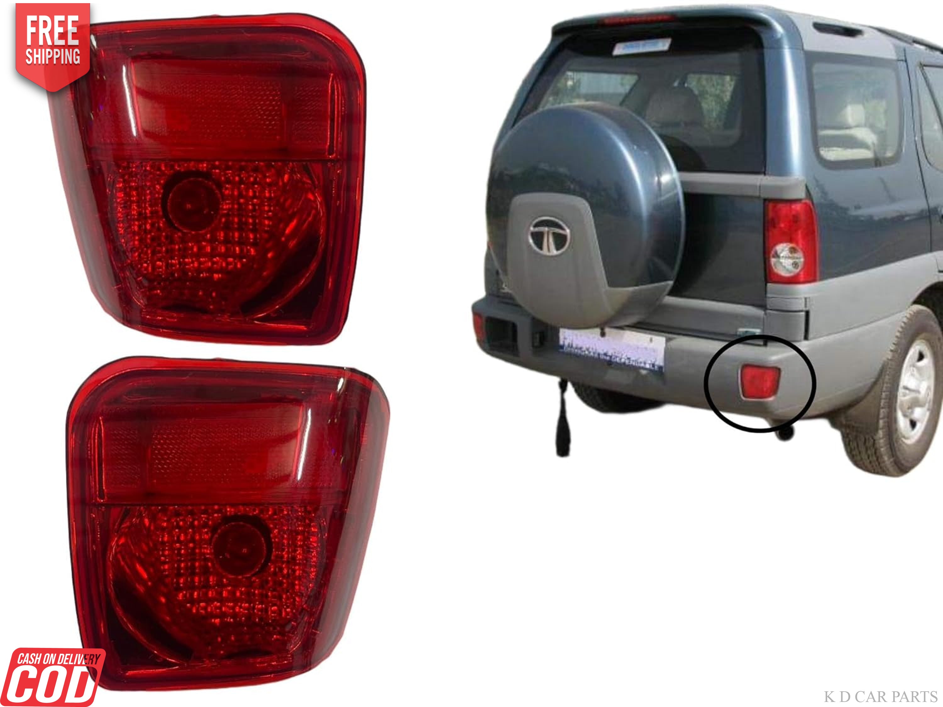 A pair of red rear bumper lights for Tata Safari 2005-2017, displayed separately and one mounted on the vehicle's bumper.