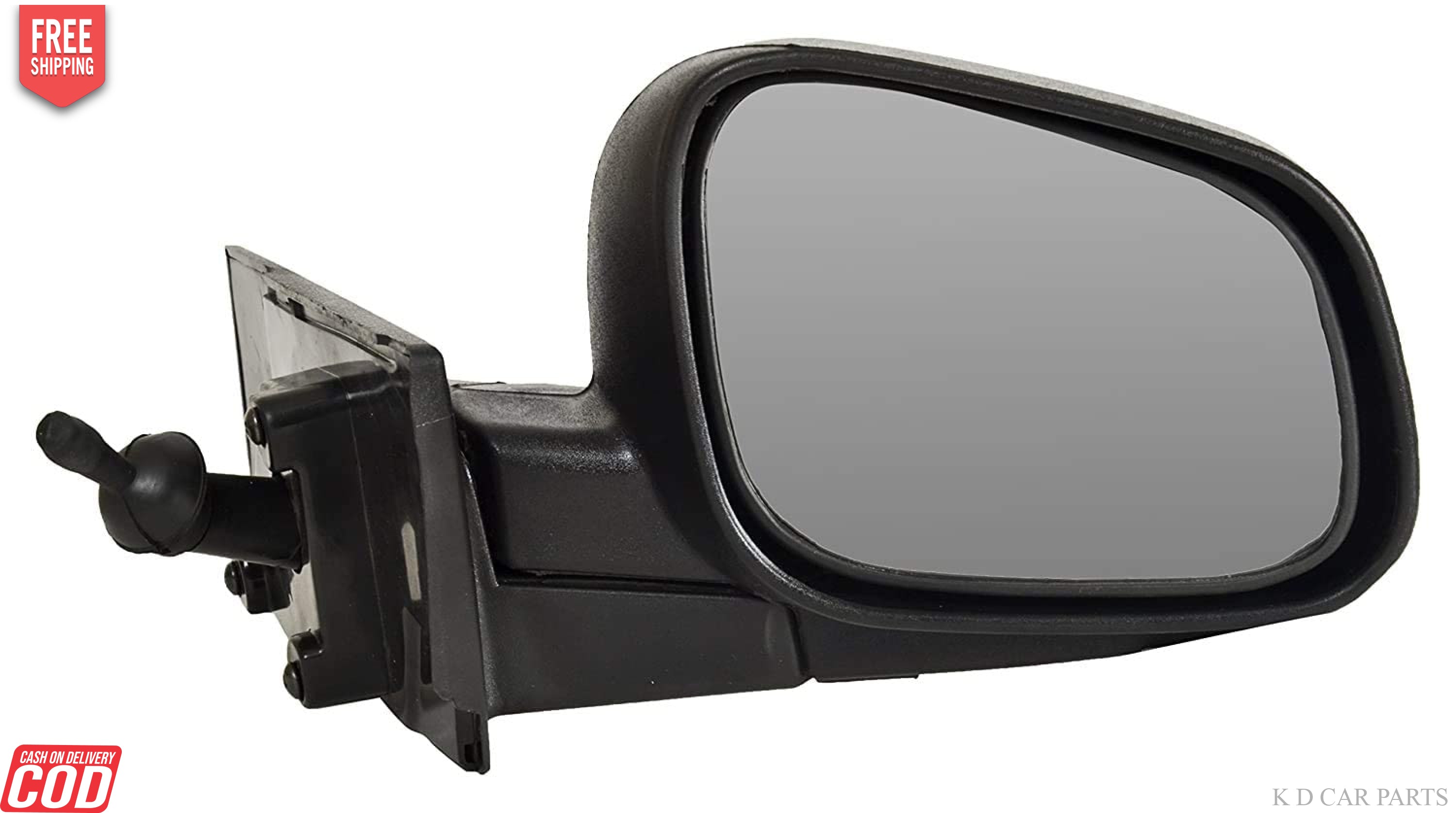 A black, clear side rear view door mirror for Chevrolet BEAT.