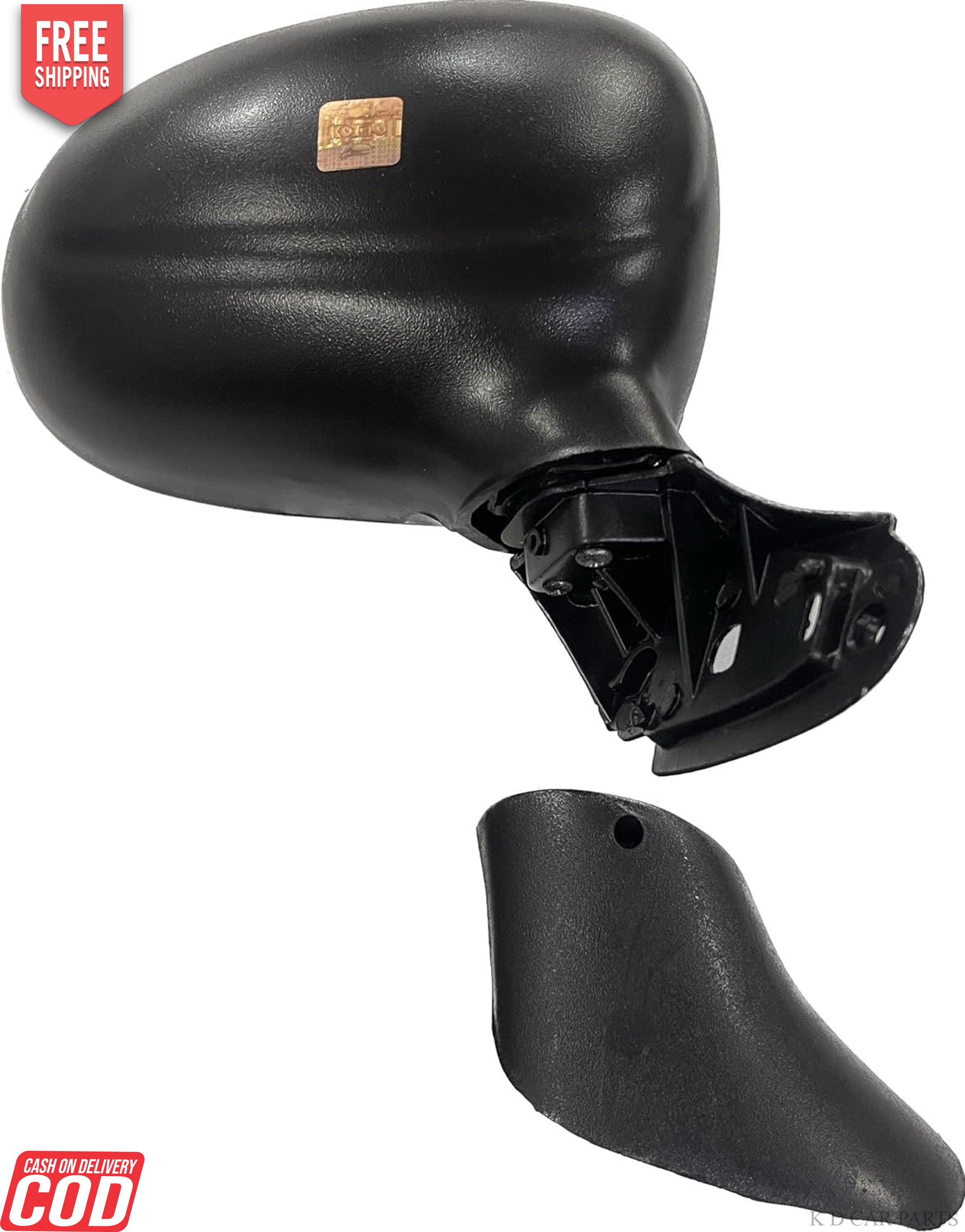 A black, door-mounted side mirror for Daewoo Matiz, alongside a pair of mounting clips, displayed on a white background.