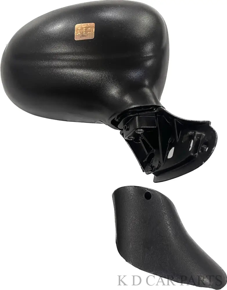 A black, door-mounted side mirror for Daewoo Matiz, alongside a pair of mounting clips, displayed on a white background.