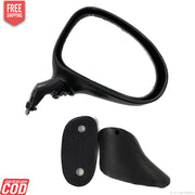 A black, door-mounted side mirror for Daewoo Matiz, alongside a pair of mounting clips, displayed on a white background.