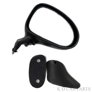 A black, door-mounted side mirror for Daewoo Matiz, alongside a pair of mounting clips, displayed on a white background.
