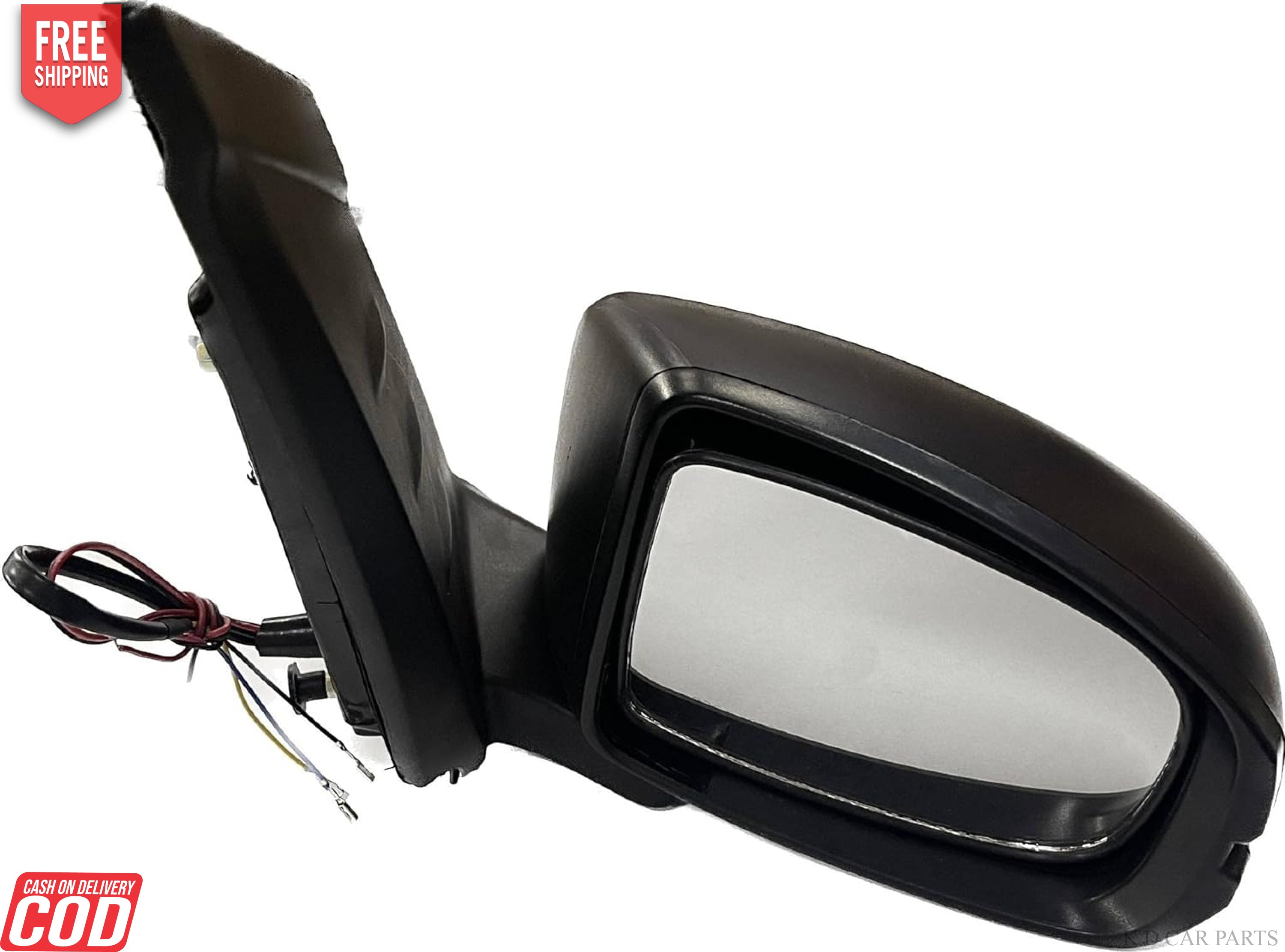 Black side rear view door mirror with a convex mirror plate, wiring, and mounting clips, for Honda Amaze Type 2 Motor 2016-2018.