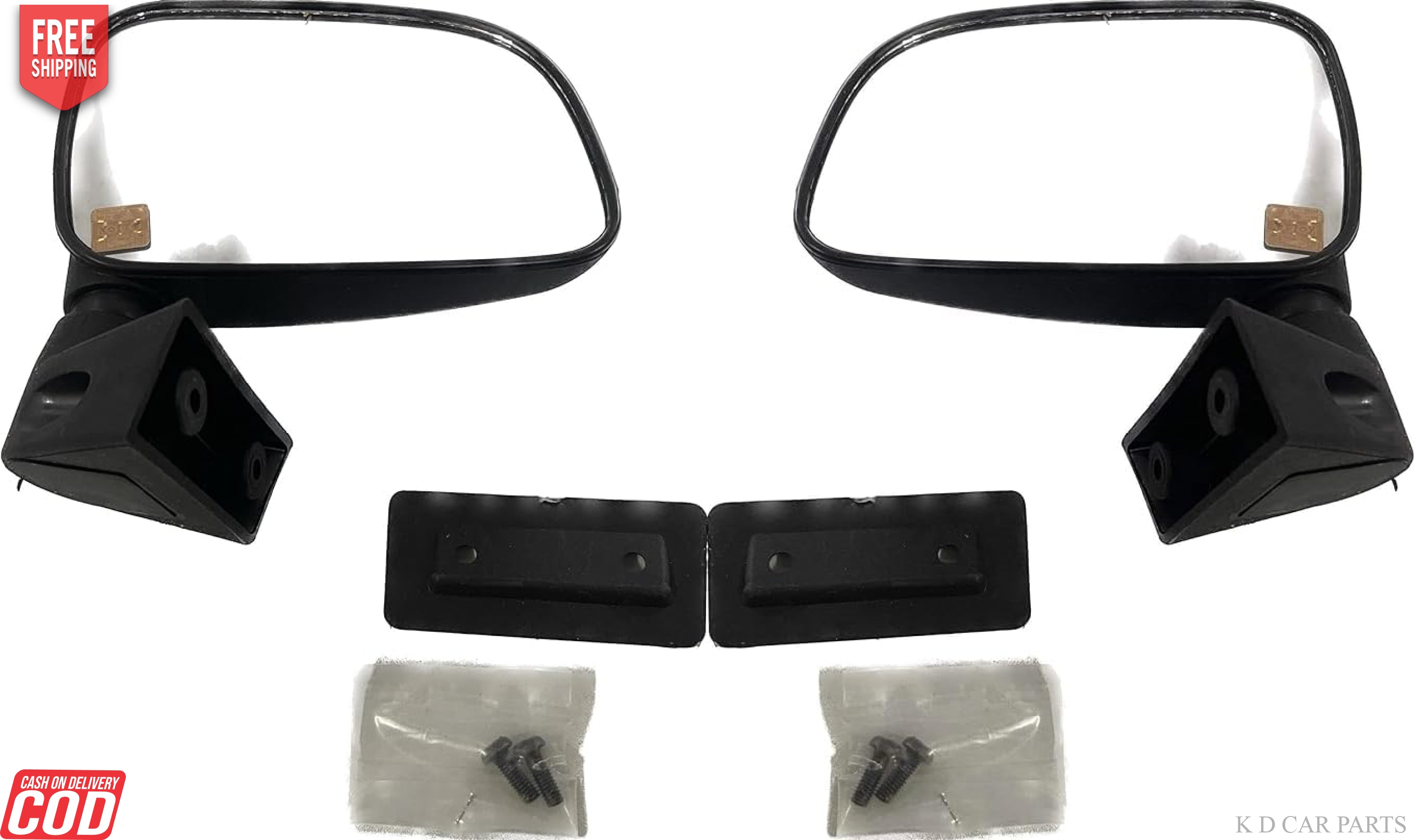 A pair of black, curved side/door mirrors for Mahindra Jeeto, with mounting hardware included, displayed on a white background.