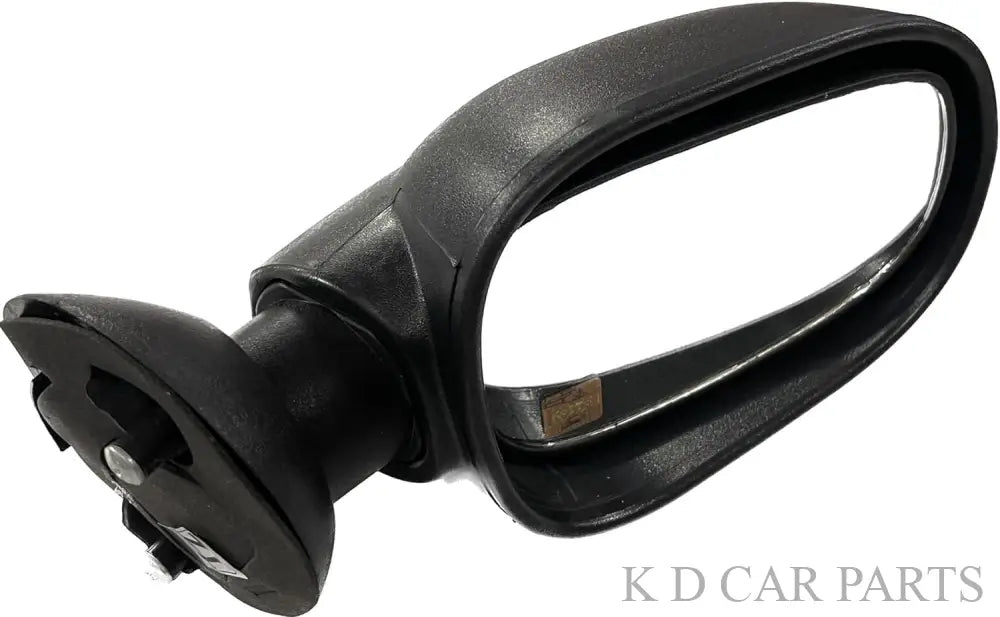 A clear, non-adjustable side mirror for Mahindra Logan LX with a black door mount.