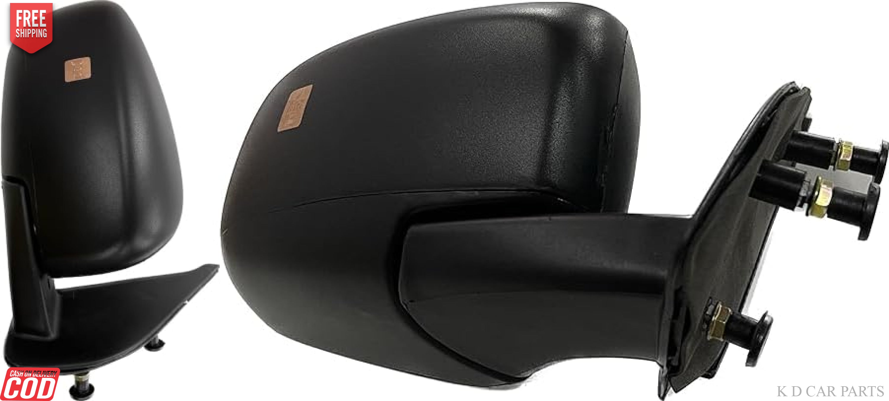 A pair of black, curved side/door mirrors for Maruti Dzire 2017-Now with non-adjustable design, featuring shatter-resistant acrylic mirrors and sturdy ABS plastic casing.