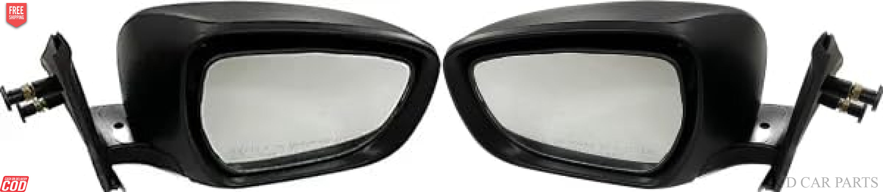 A pair of black, curved side/door mirrors for Maruti Dzire 2017-Now with non-adjustable design, featuring shatter-resistant acrylic mirrors and sturdy ABS plastic casing.