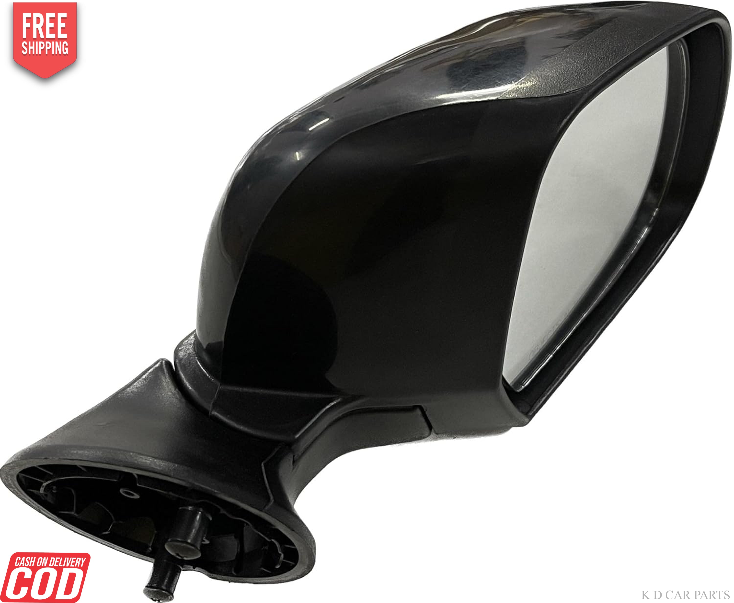 A black, clear K D side/door mirror for Renault Duster/Verito/Terrano non-adjustable models.