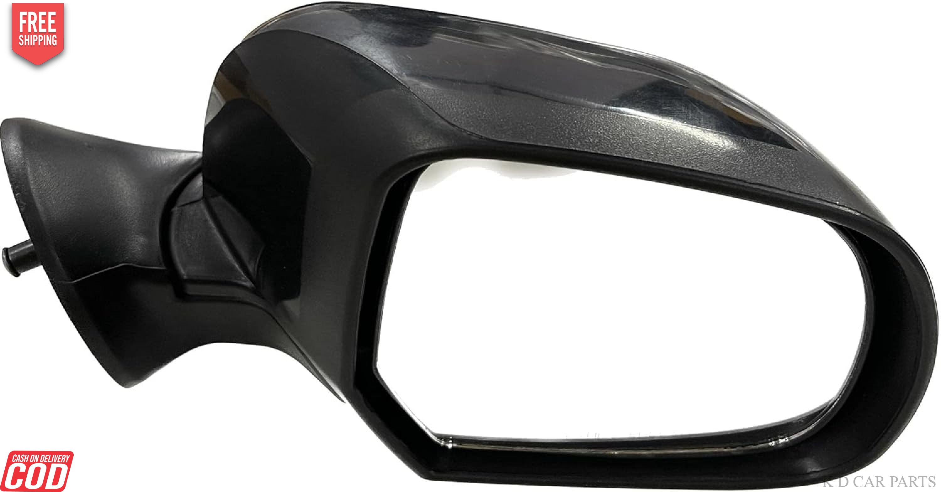 A black, clear K D side/door mirror for Renault Duster/Verito/Terrano non-adjustable models.