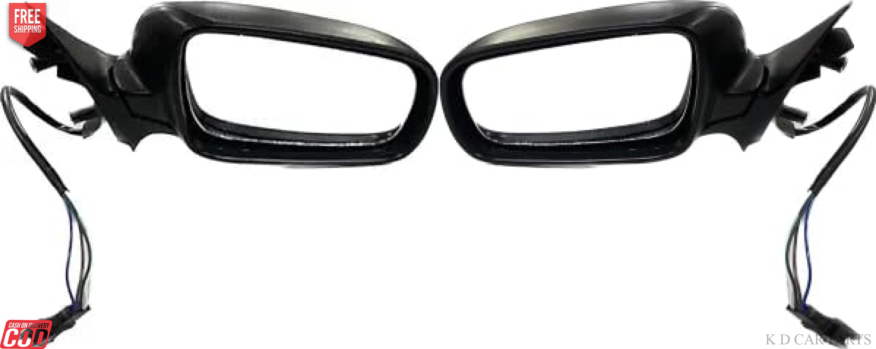 A pair of black side mirrors for a Skoda Octavia car, with wiring and couplers visible.