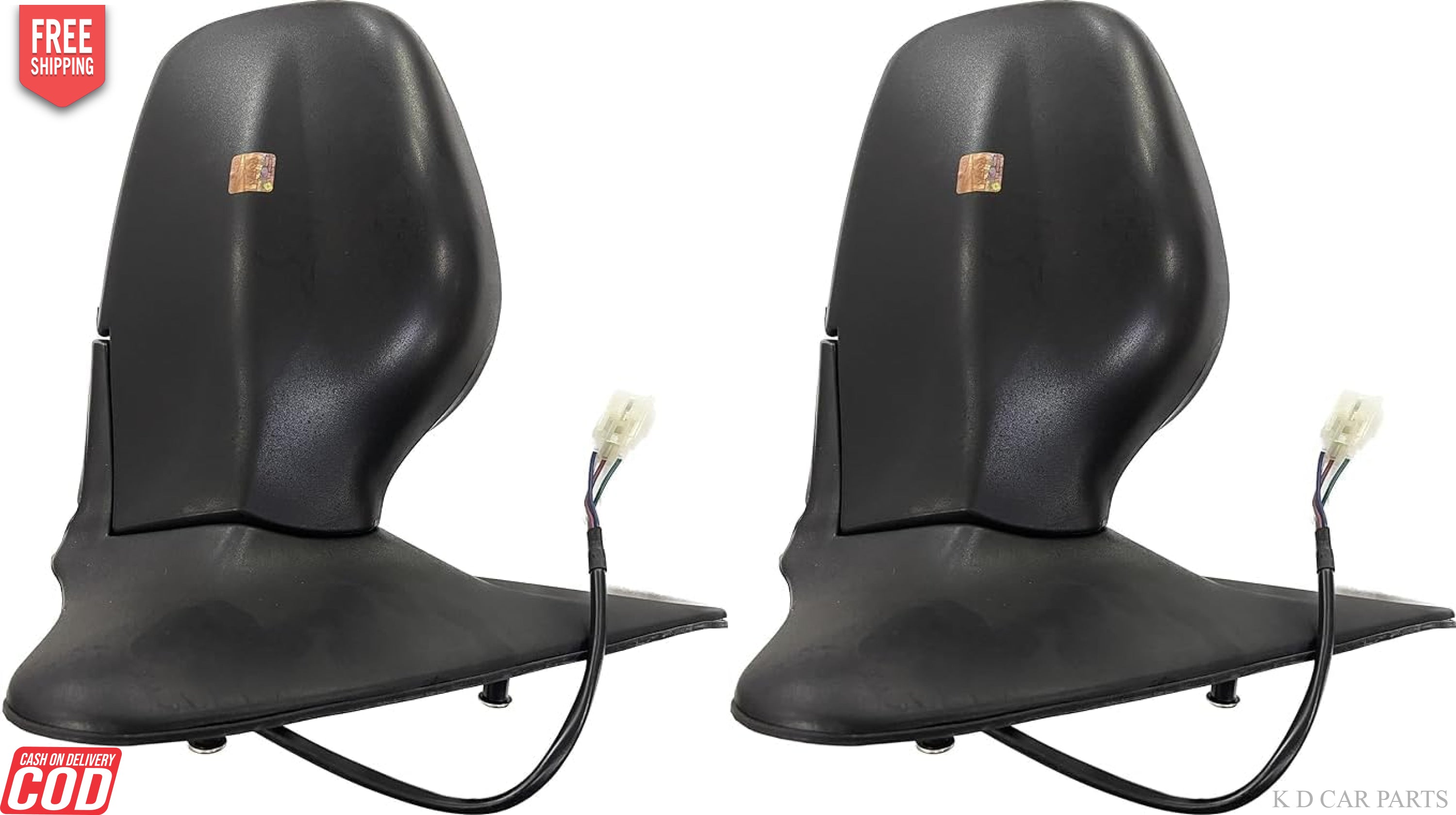 A pair of KD brand side/door mirrors for TATA Safari, black in color, with a shatter-resistant acrylic mirror design.