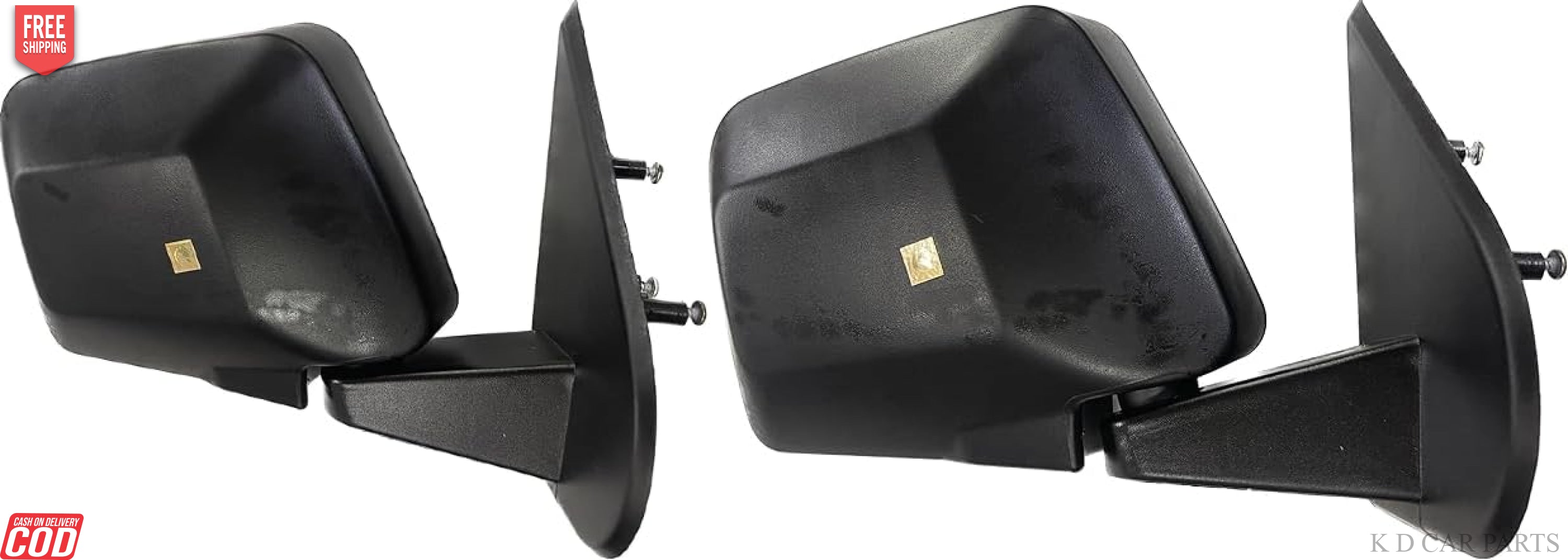 A pair of K D brand side/door mirrors for Tata Yodha, featuring shatter-resistant acrylic mirrors with a black ABS plastic frame, designed for easy installation and long-lasting durability.
