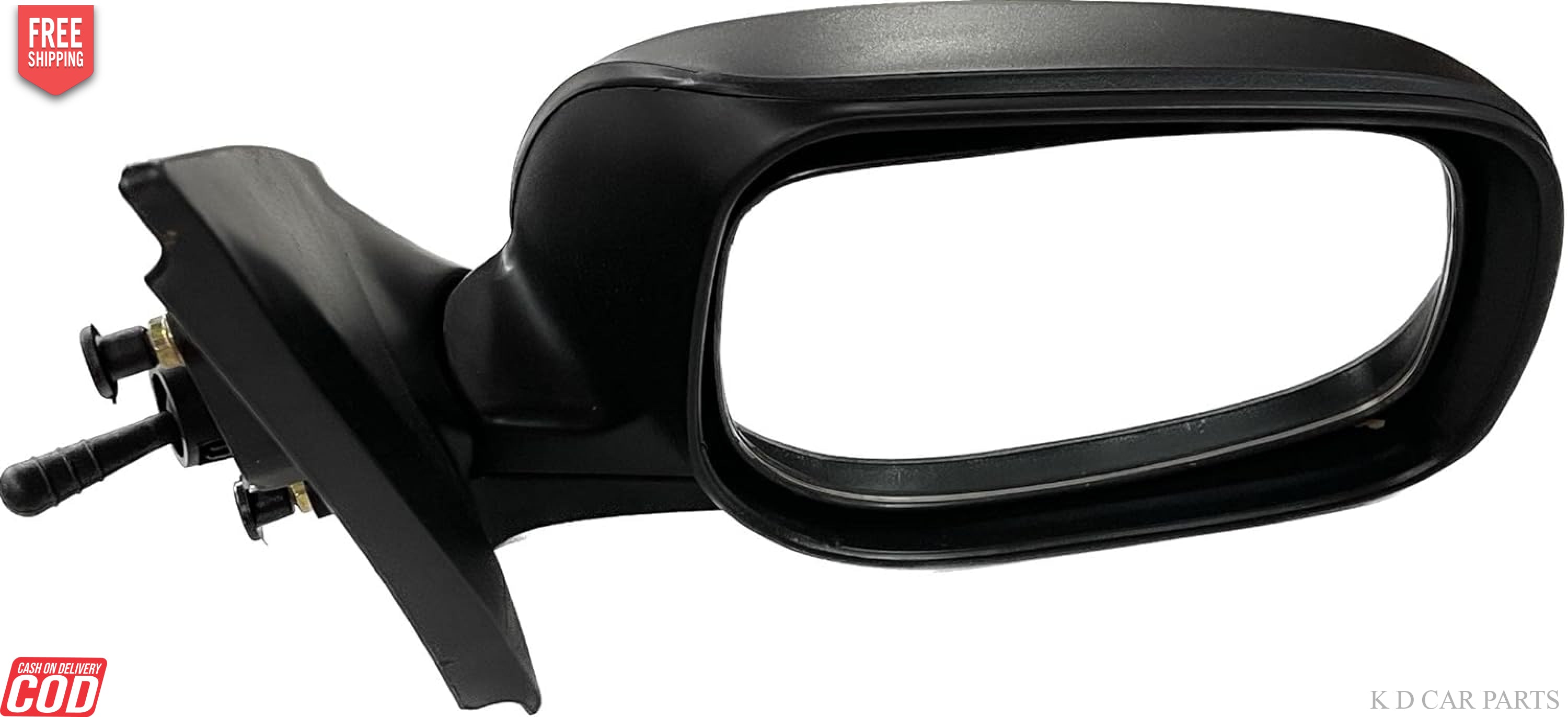 A black, manual adjustable side/door mirror for Toyota Etios/Liva vehicles designed for 2010-2014 models.
