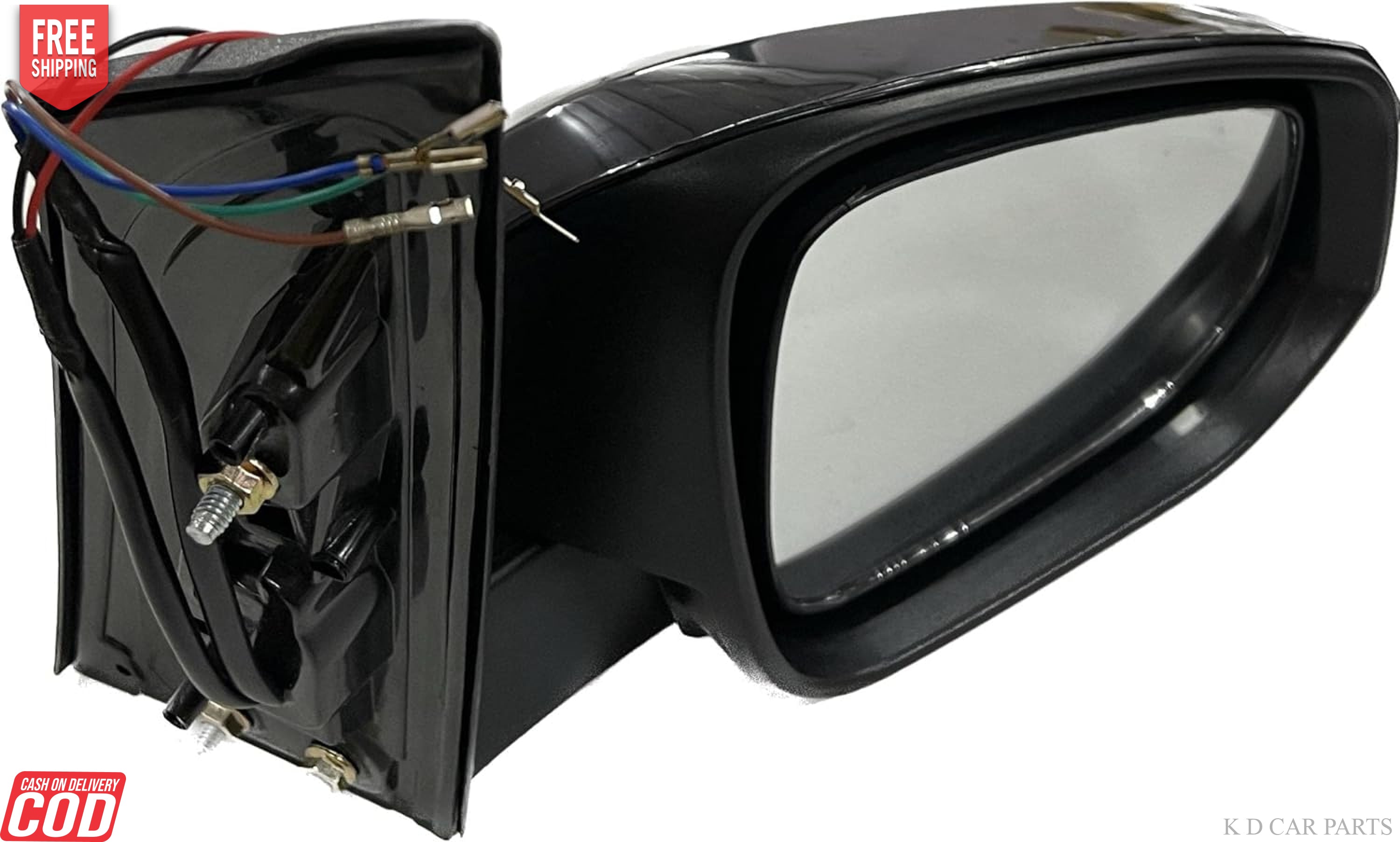 Black side rear view door mirror for Innova Crysta with indicator motor and wiring visible.