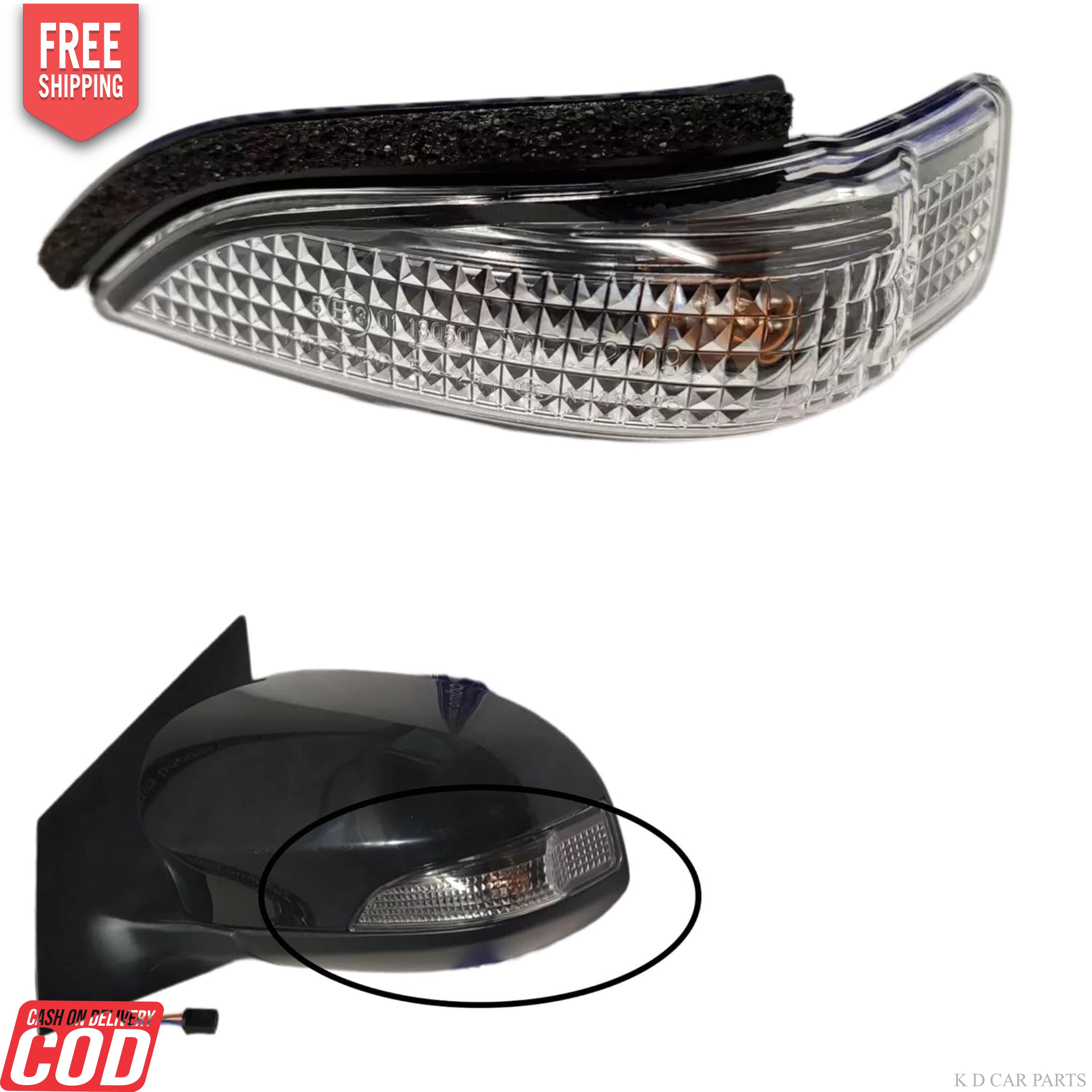 An image showing a side mirror indicator for a vehicle, with a focus on the glass lens part of the mirror.