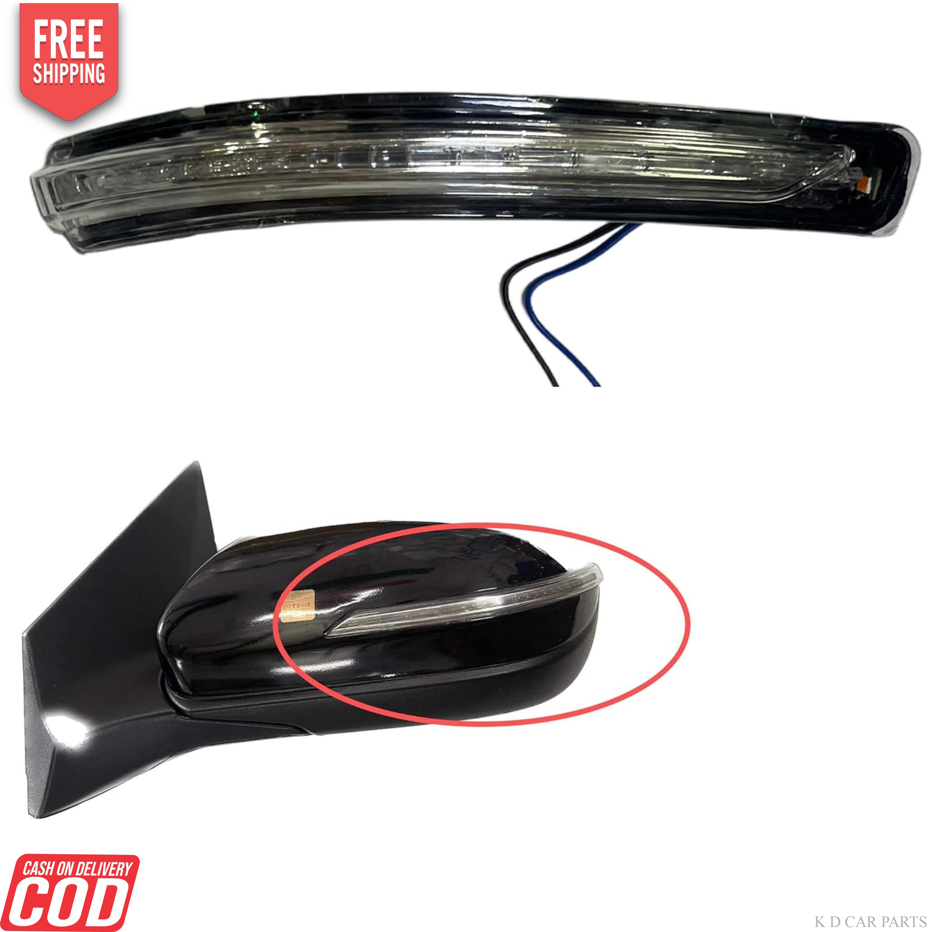 An image showing a black Hyundai I20 side door mirror with a built-in indicator light.