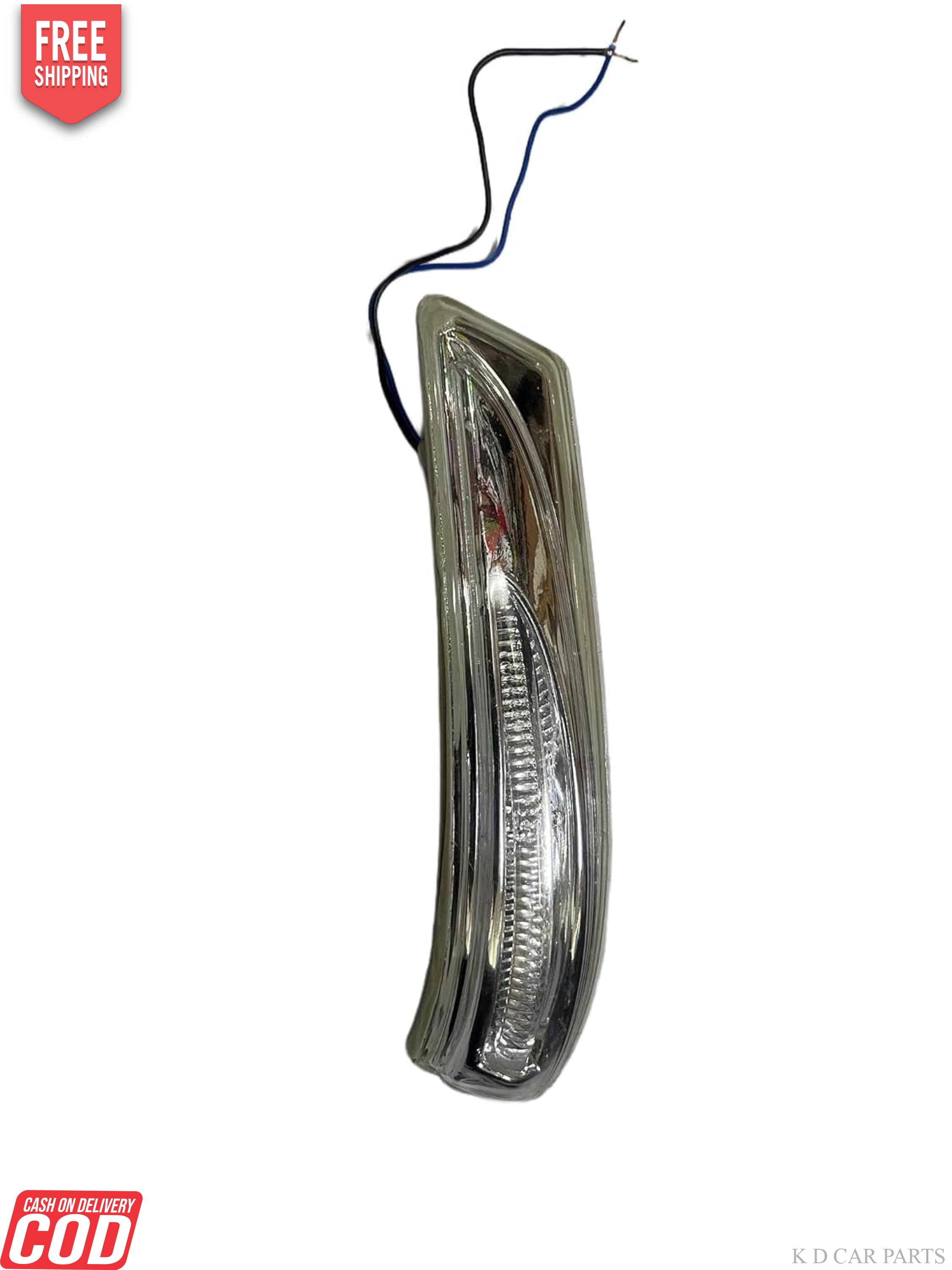 A K D brand side/door mirror indicator for c, featuring a yellow lens and black housing, shown from the front and a close-up of the mounting area.