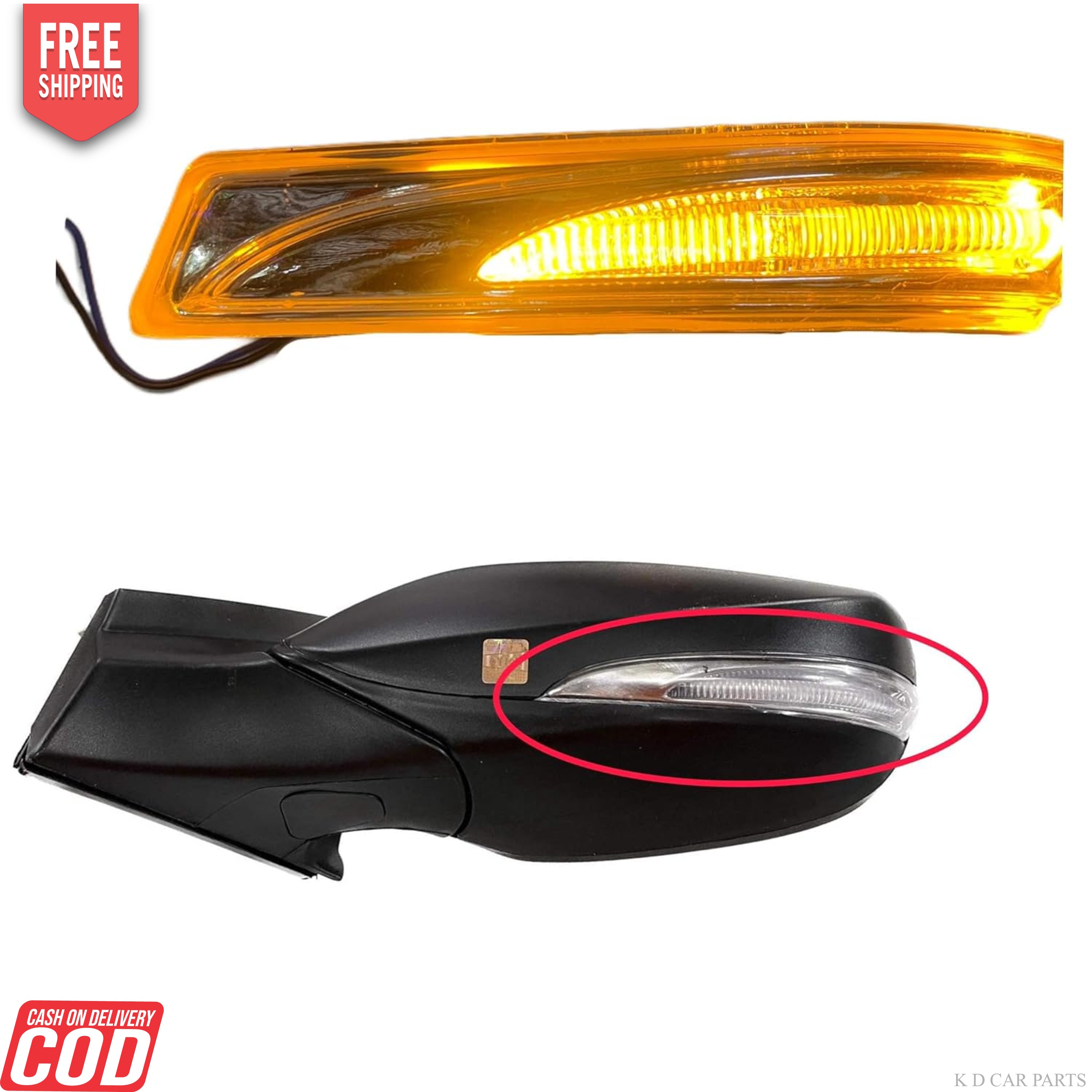 A K D brand side/door mirror indicator for c, featuring a yellow lens and black housing, shown from the front and a close-up of the mounting area.